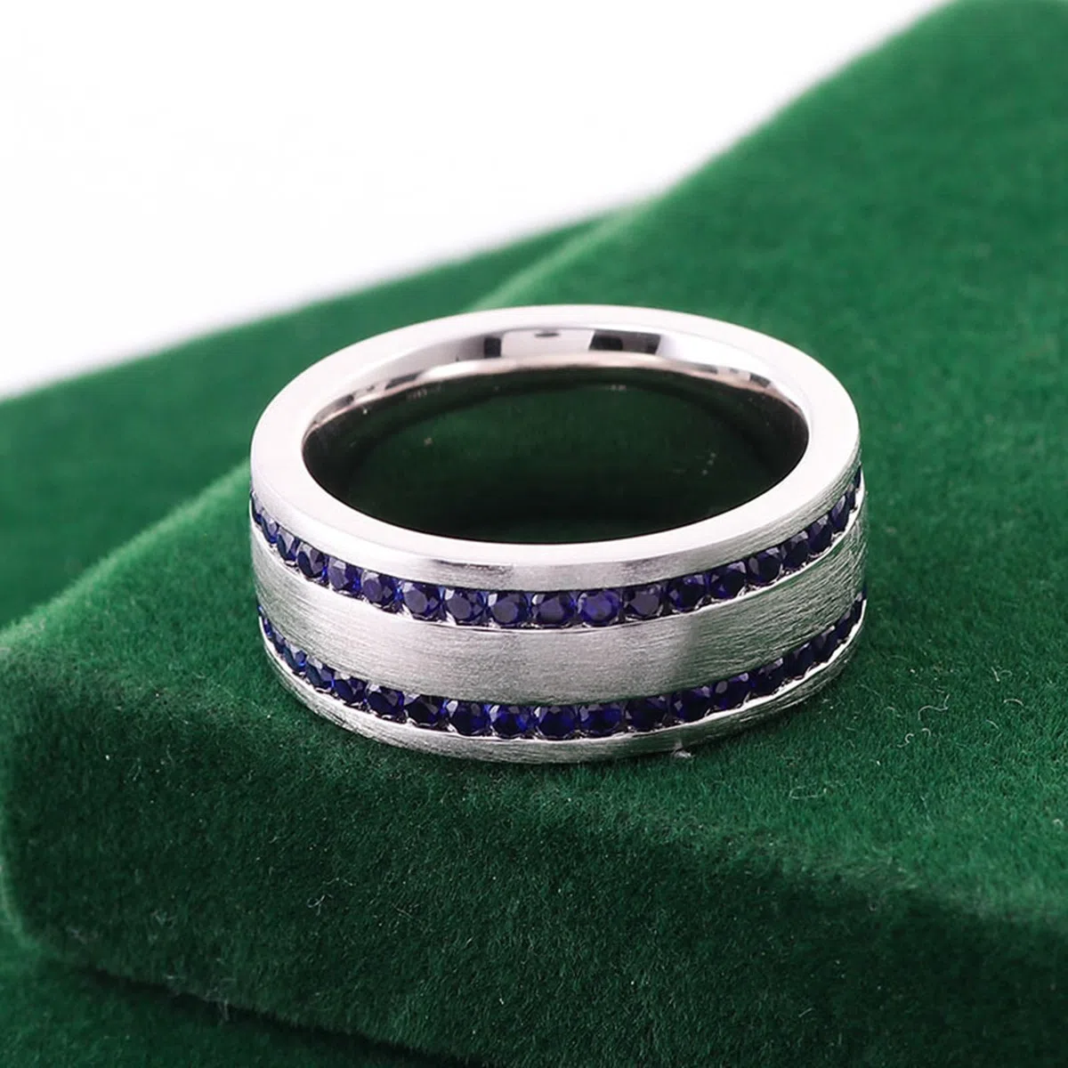 Alianzas decorativas para boda, anillo ancho, mate, cristal cepillado con zafiro redondo sintético
