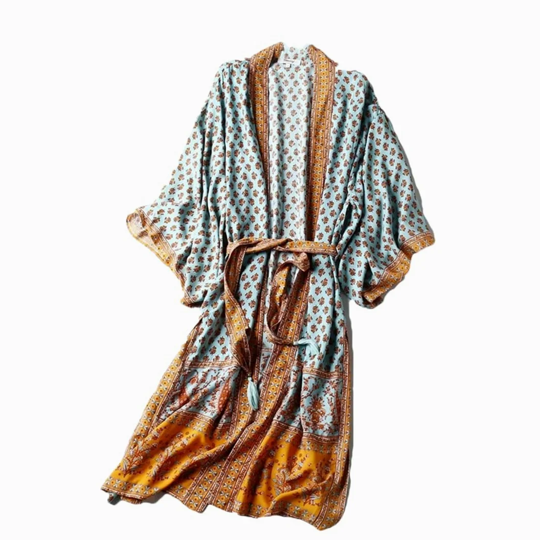 Disimlarl Kimono bohemio con estampado floral para mujer, cuello en V, mangas murciélago, bata larga para cubrir el bikini