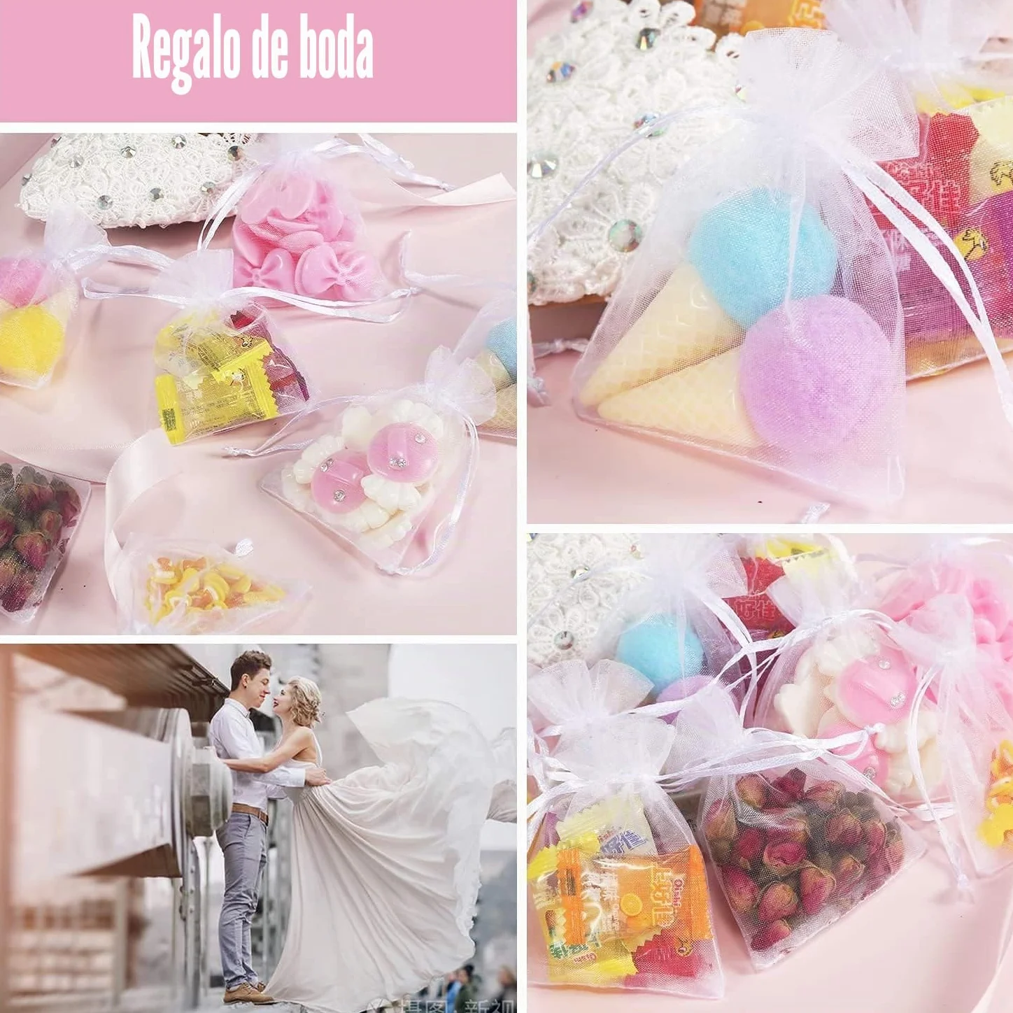 50 bolsas de organza blancas, 9 x 12 cm, de organza, regalo, joyas, bodas, caramelos, con cordón de satén, para festivales, fiestas y bodas