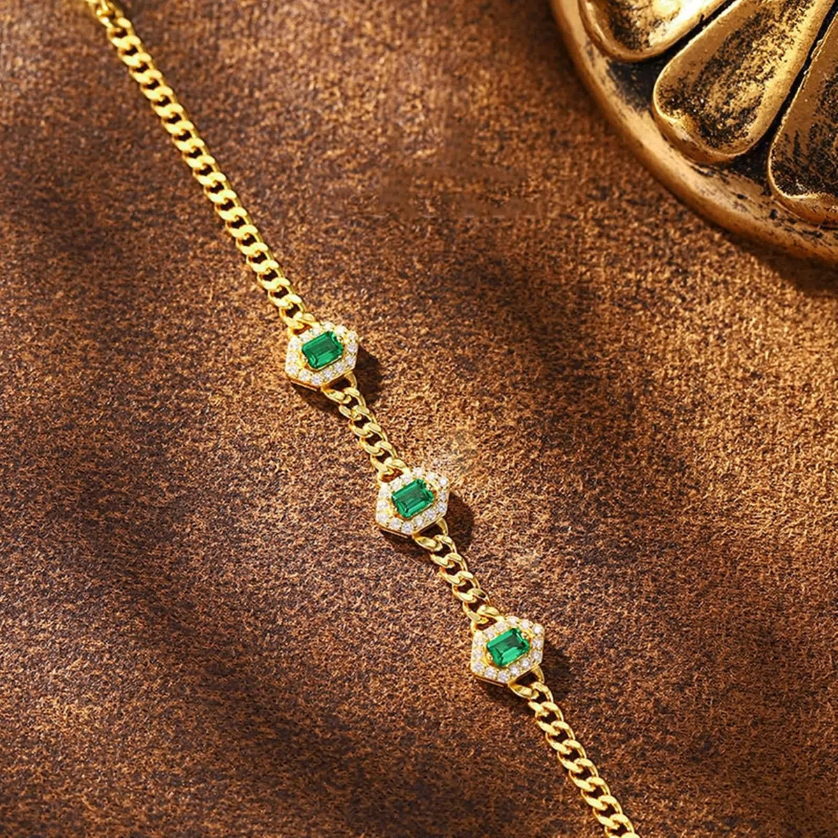 Pulseras de Oro Mujer 9 Kilates / 14 Kilates / 18 Kilates, Rectángulo con Esmeralda Creada de 0,9 ct y Moissanita, Cadena Extensible 16 CM + 5 CM, Pulsera Oro Verde Ajustable Mujer