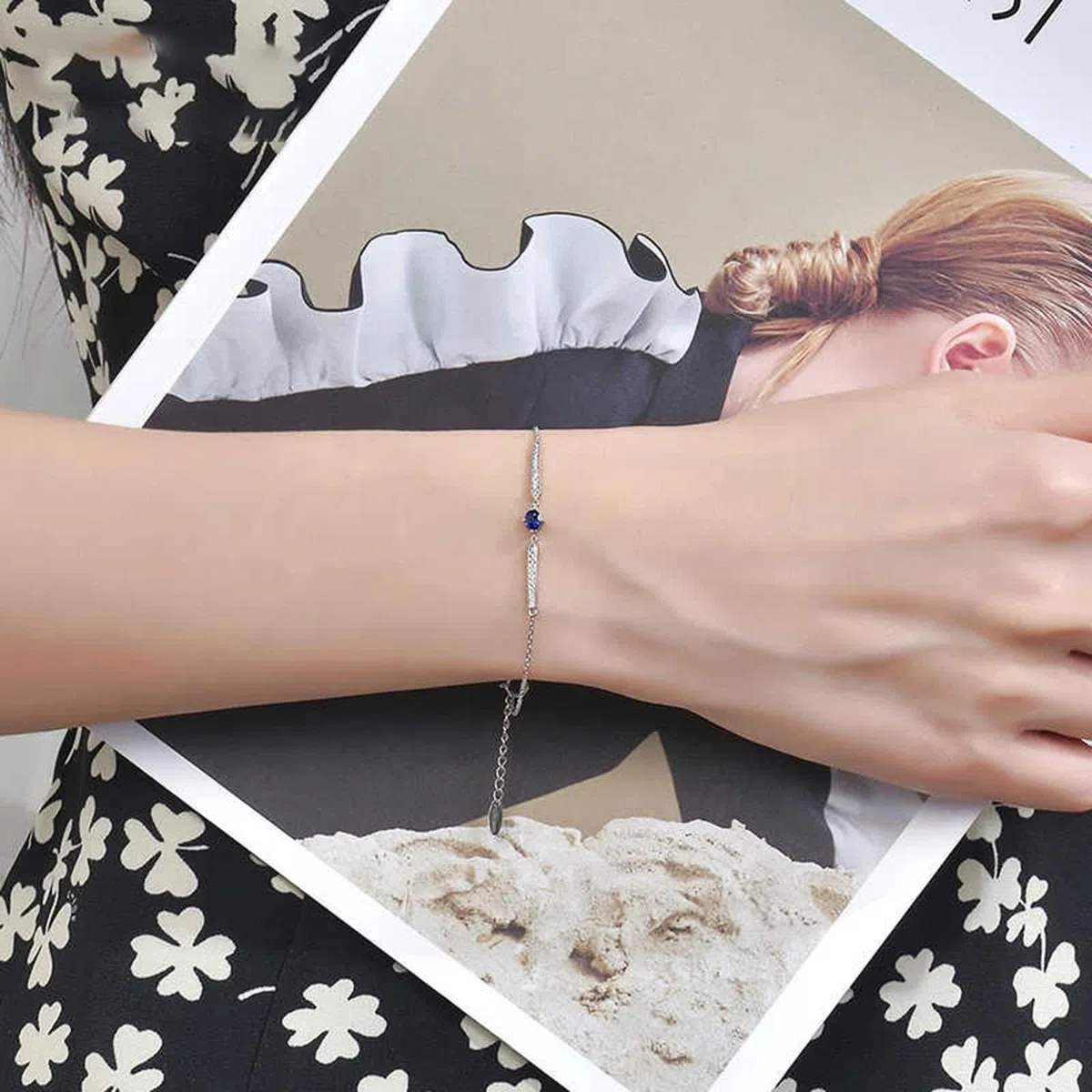 Pulsera de moda para mujer, pulseras de cadena de zafiro azul de 0,25 quilates, cadena ovalada de oro blanco con diamantes