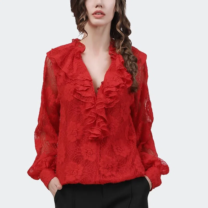 Tops de Encaje Floral Rojo para Mujer, Blusas holgadas de Talla Grande para Primavera, Manga Larga con Cuello en V, Blusas con Volantes, Ropa Informal para Todo Partido (Rojo XL)