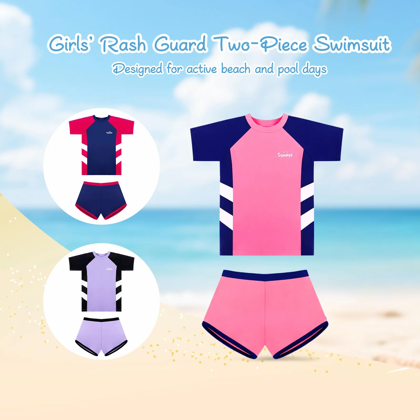 Conjunto de Baño Niña 2 Piezas, Camiseta de Natación de Manga Corta y Short, Ropa de Playa Infantil para Piscina y Playa, 6–14 Años