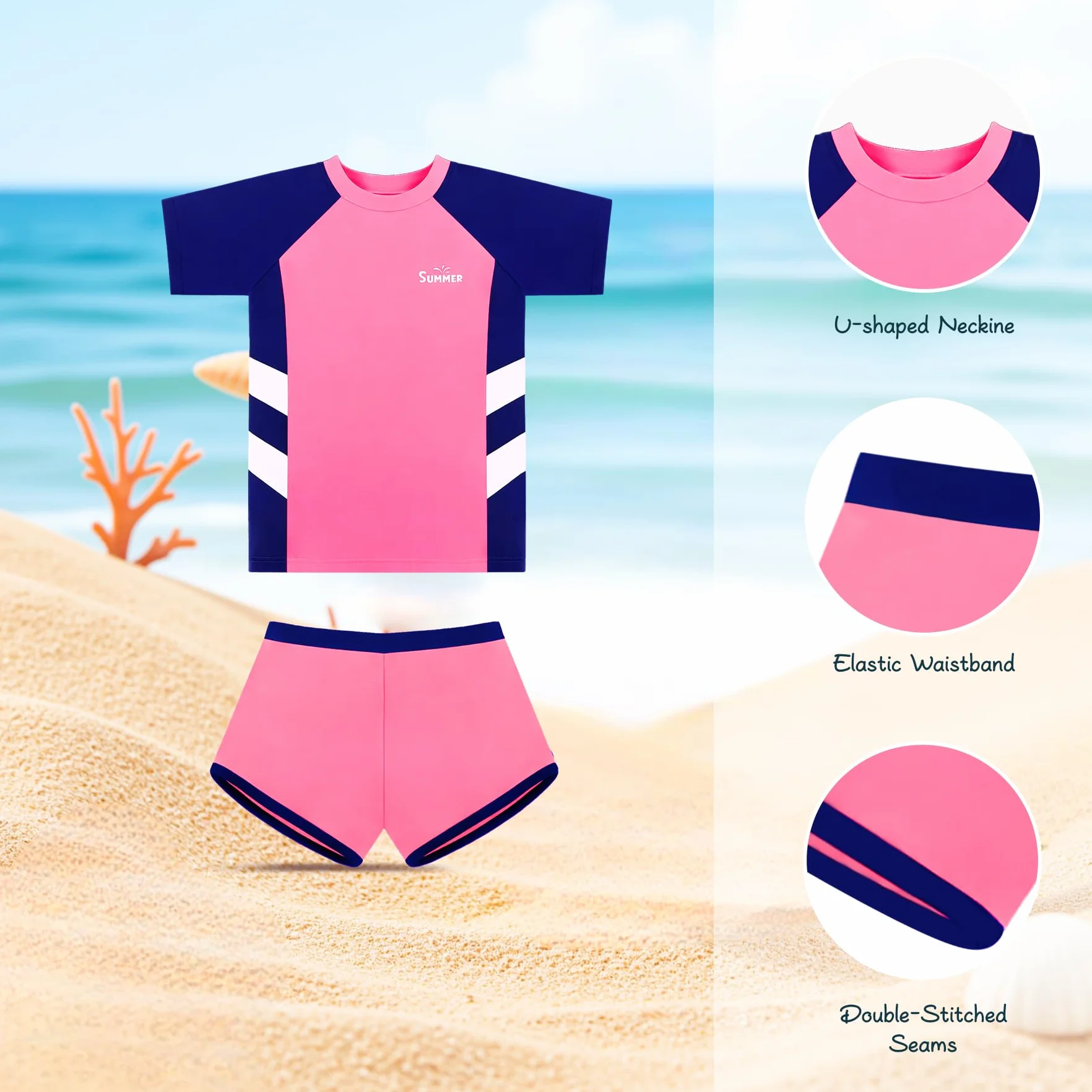 Conjunto de Baño Niña 2 Piezas, Camiseta de Natación de Manga Corta y Short, Ropa de Playa Infantil para Piscina y Playa, 6–14 Años