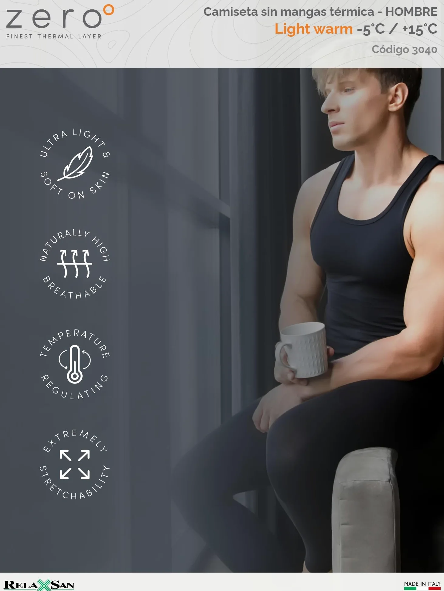 Relaxsan Zero 3040 - Camiseta Térmica de Tirantes Anchos Hombre Lana Merino
