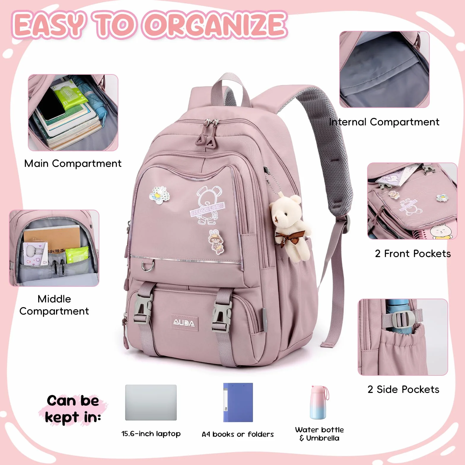 Amythe Mochilas Escolares con Ruedas Niñas, Trolley Desmontable, Morado | Mochila Colegio con 6 Ruedas para Chicas de 10-18 años, Carro Bolso Escolar con Colgante para Adolescentes, Vuelta al cole