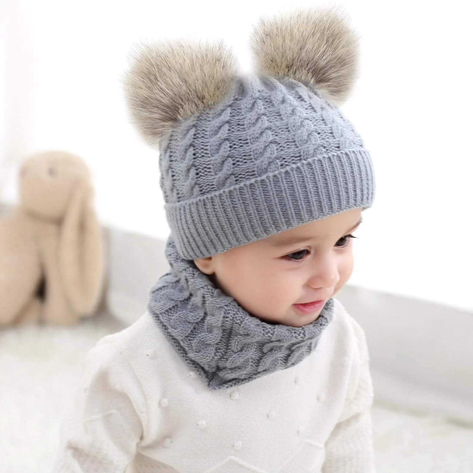 JSTHHTT 3 in 1 Conjunto de Gorro Bufanda y Guantes Niños, Térmico Pompón Beanie Gorro, Sombrero de Punto Invierno Cálido con Pompon, para Niños Niñas 2-4 Años