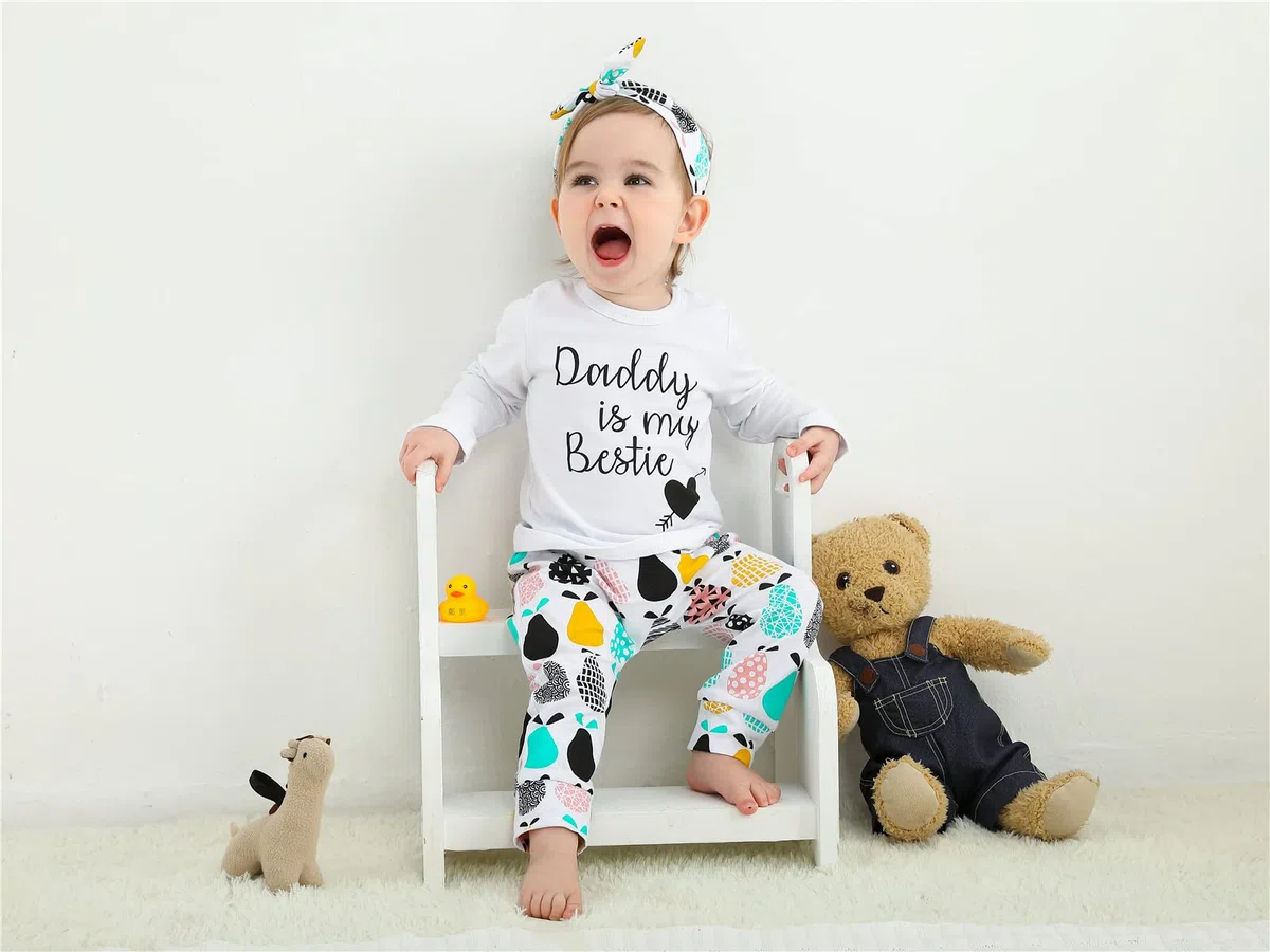 KuKitty Conjunto de 3 piezas para bebé y niña, manga larga, camiseta, blusas, pantalones con diadema