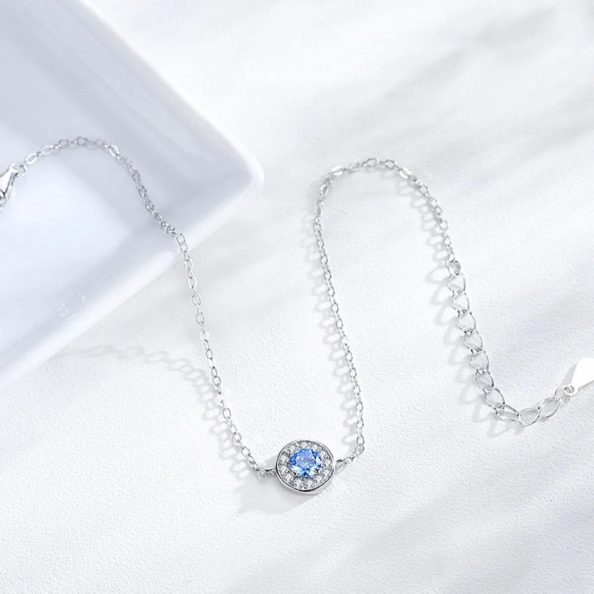 KnSam Pulsera de plata auténtica Au 375/585/750, oro blanco, pulsera para mujer, clásica, círculo con aguamarina azul claro, brazaletes de laboratorio creado con diamante blanco 9 K/14 K/18 K