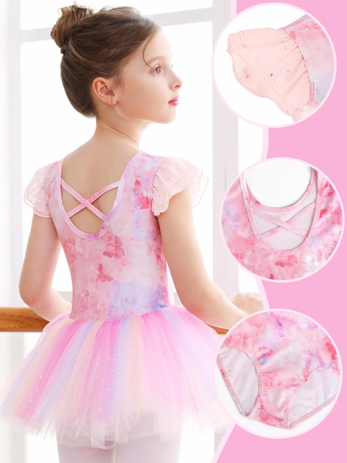 Maillot de Ballet Brillante con Falda de Tutú Manga Corta para Niñas
