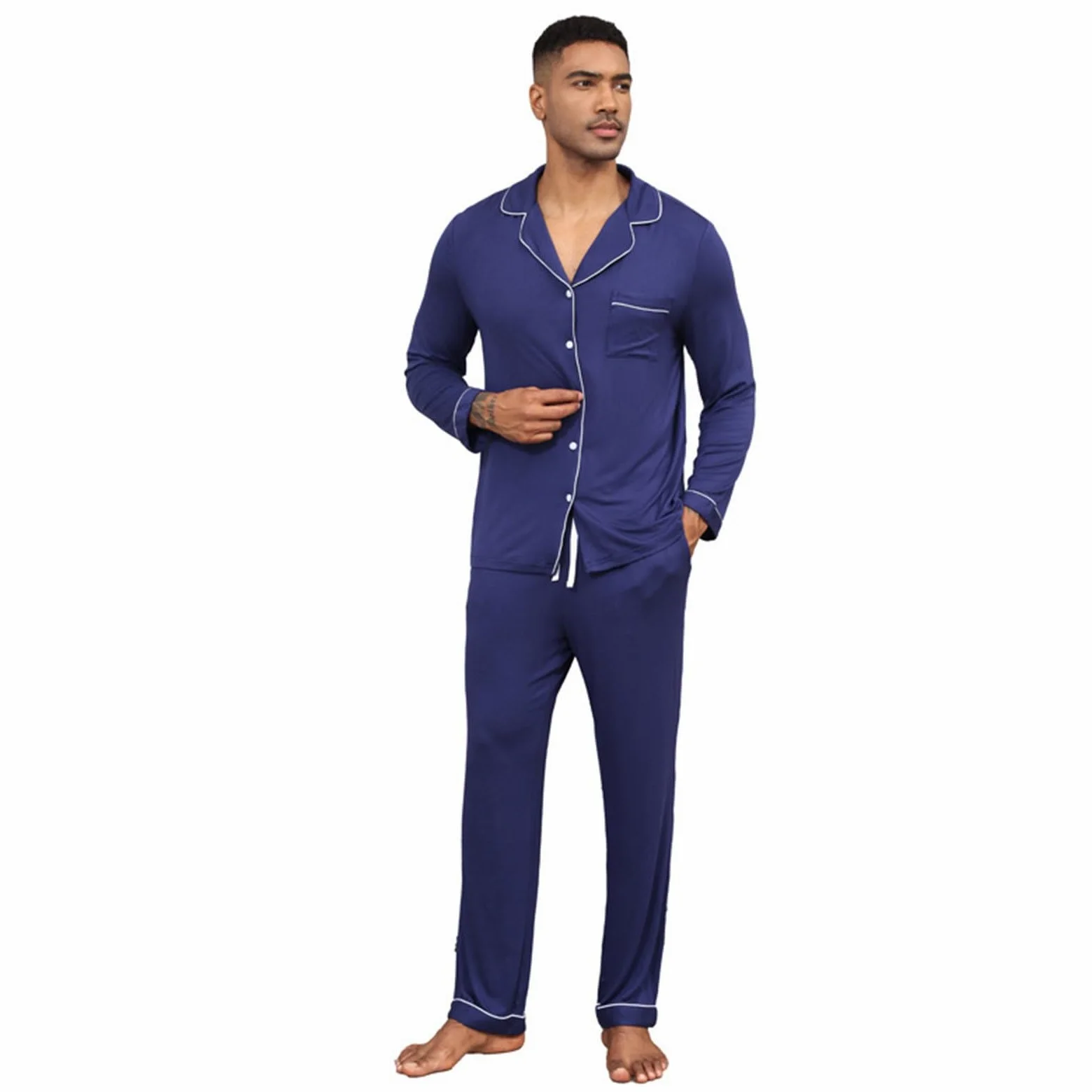 Genérico Pijama Hombre Ropa de Dormir Masculina y Liso Manga Larga Pantalón Largo Ropa de Dormir Hombre con Bolsillos Pijamas de Dos Piezas