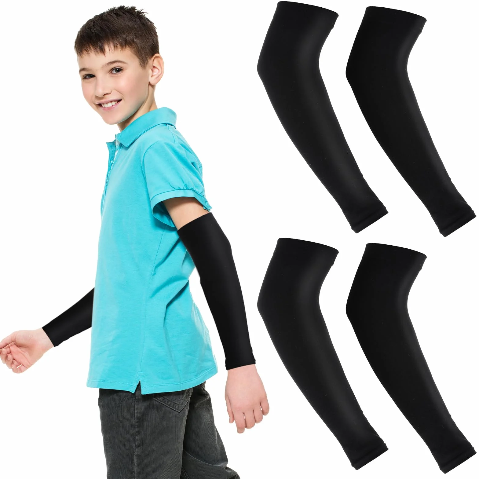 Telooco 2 Pares Mangas Niños Mangas de Protección Solar Protectores de Brazos Negro Blanco Seda de Hielo Comprimida Anti-UV Anticortes para Niños y Niñas