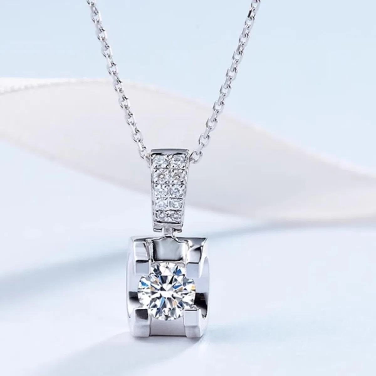 KnSam Joyas de oro real de 9 K/14 K/18 K, collar de mujer de oro blanco, cadena de diamante creada en laboratorio, colgante clásico de corte redondo, blanco, cadena para mujer Au 750/585/375
