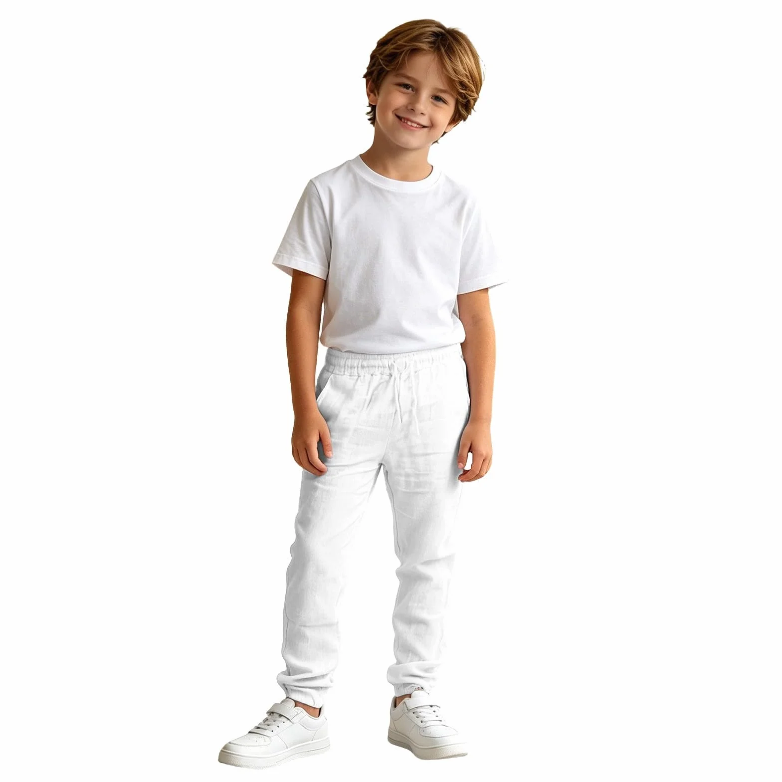 Pantalones de Lino para Niños Algodón y Lino Cintura Elástica Pantalón Chino Largo Sueltos Bolsillos Transpirable Jogging Pants Ropa Adolescentes 4-14 Años