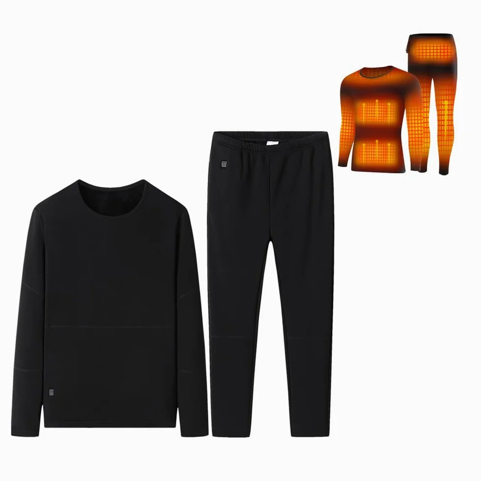 Conjunto de Ropa Interior térmica con Calefacción USB para Hombre, 22 Zonas de calefacción, Camiseta y pantalón térmicos, Capa Base Cálida Lavable,Negro,M