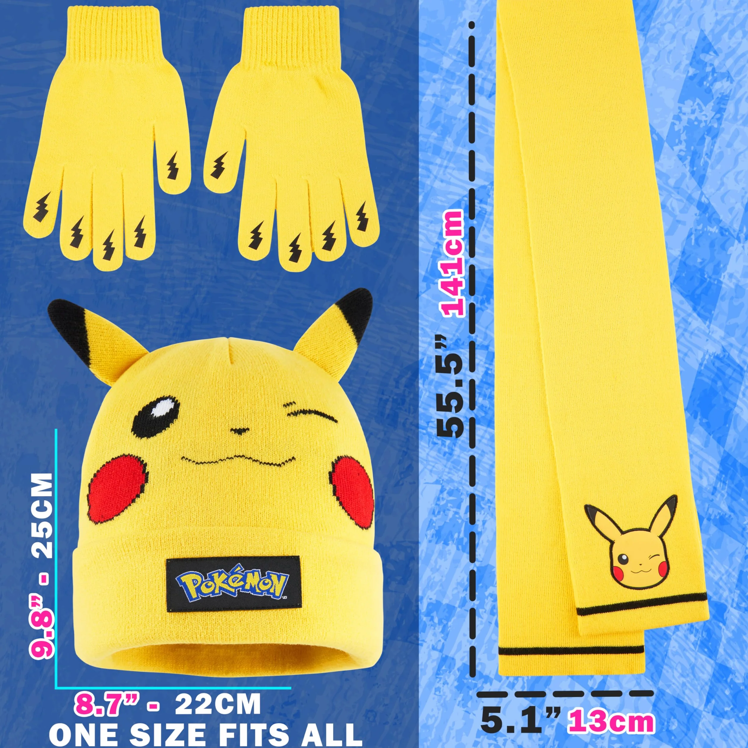 Pokémon Conjunto Bufanda y Gorro y Guantes Niño 8-10 Años, Pikachu Accesorios de Invierno Suave para Frío, Regalos de Anime