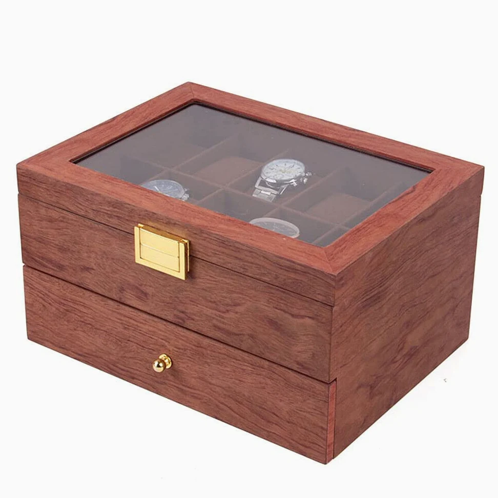 Caja para relojes de madera para 20 relojes Caja de joyero | relojero organizador, Estuche de Relojes de 2 Niveles, Tapa de Cristal Transparente, para Vitrina