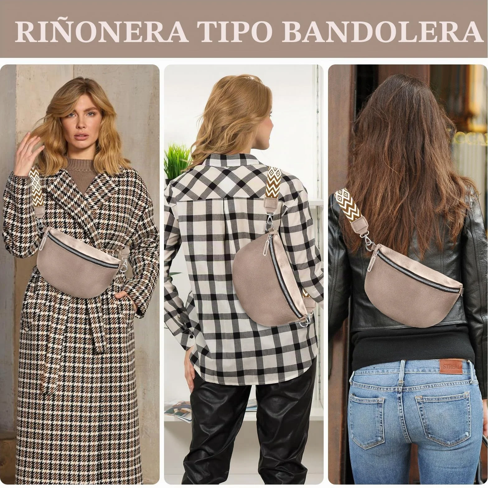 Bolso de Mujer Señoras Pequeño, Bolso Crossbody Señoras Correa Ancha, Riñonera Señoras Estiloso Cuero Repelente al Agua, Elegantes Bolsos Modernos con Correa de Mujer Desmontable