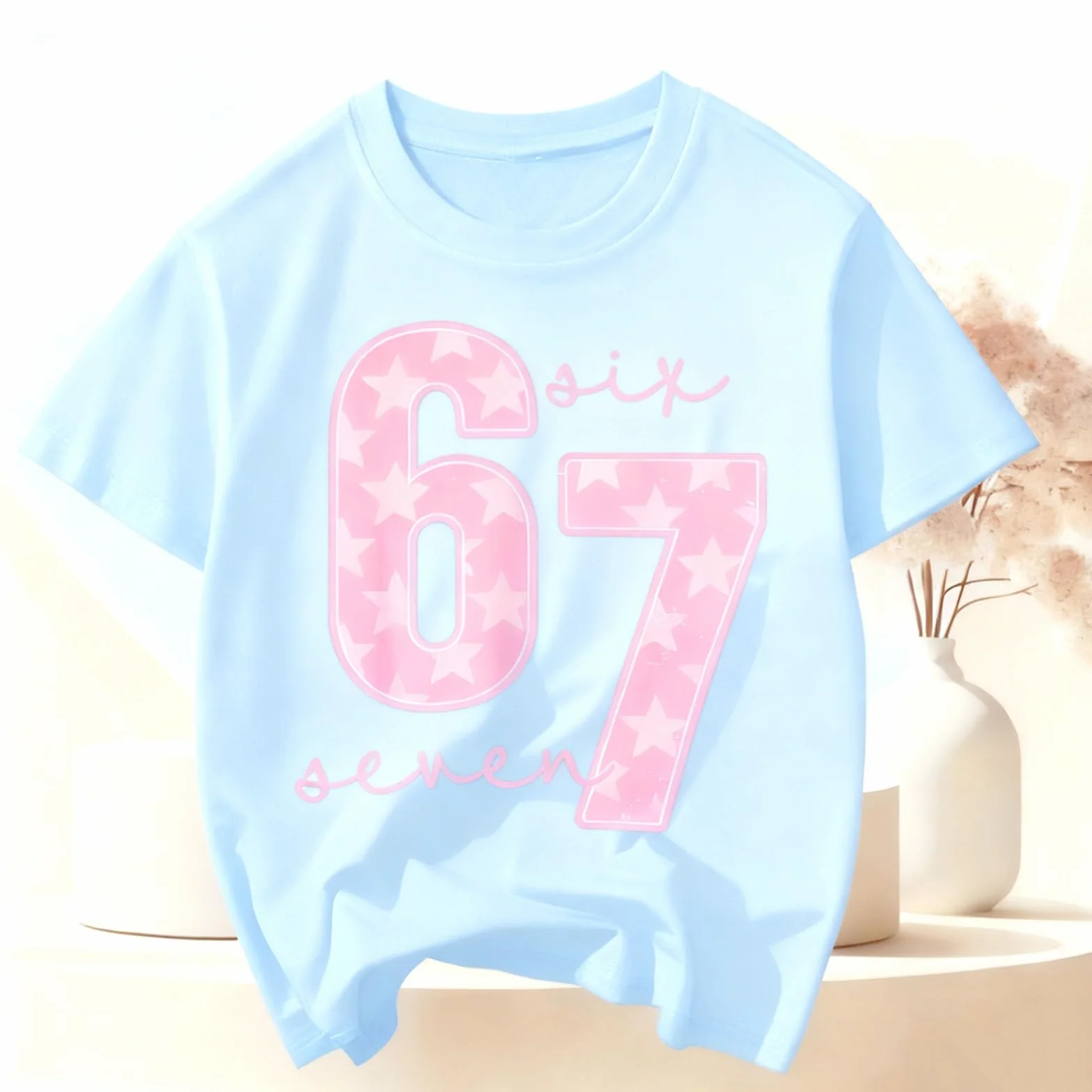 Camiseta de manga corta para niñas Six Seven para niños, estilo informal, con 67 letras, cuello redondo, holgada, para festivales de Navidad