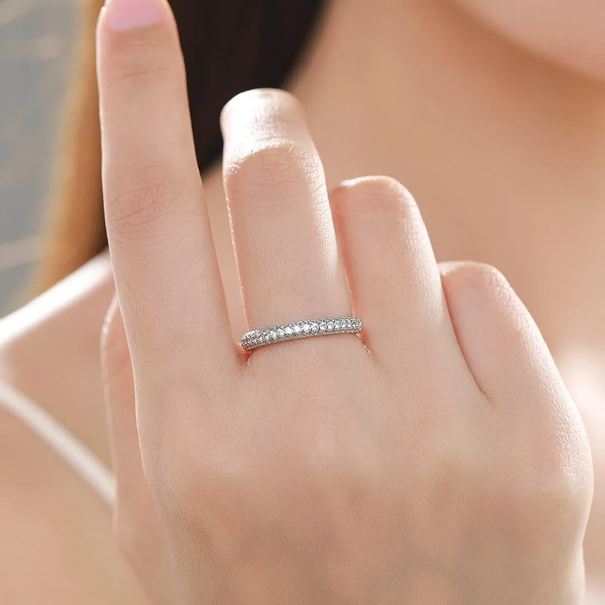 Anillo de oro blanco de 9 K/14 K/18 K, doble fila, anillo solitario con moissanita, joyas de oro auténtico, Au 375/585/750, oro blanco, talla 47-65