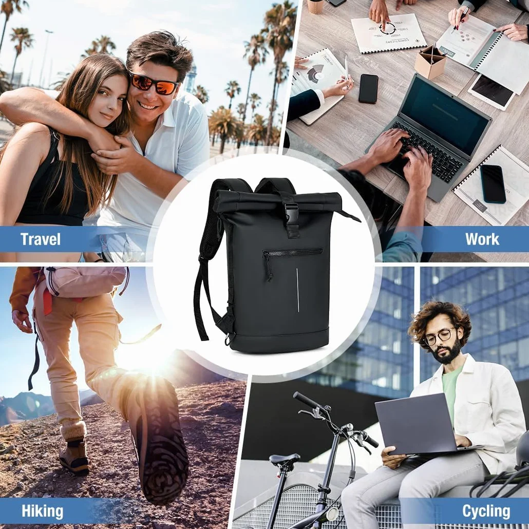 Lekeinchi Mochila Enrollable para Hombre, Mochila Impermeable Mujer para Portátil 17 Pulgadas, Elegante mochila de Viaje Mochilas tipo Casual para Viajes, Ciclismo, Escuela Uni, Negro