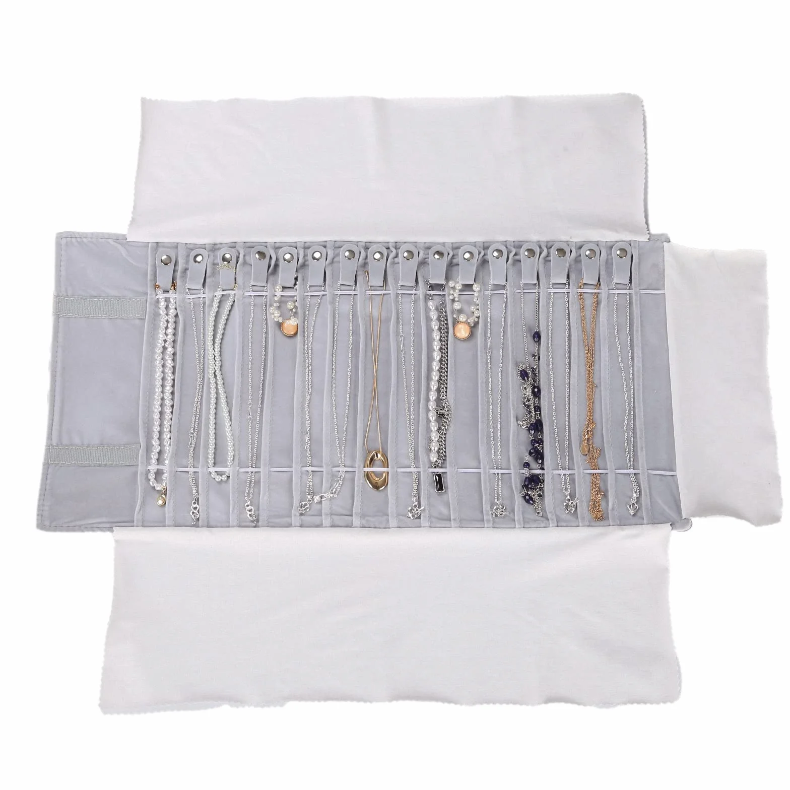 Rollo de joyería, terciopelo rollo joyero, bolsa reticular de PVC transparente antipolvo, organizador de viaje para joyas, rollo joyero con bolsillos y cremallera (gris, franela)