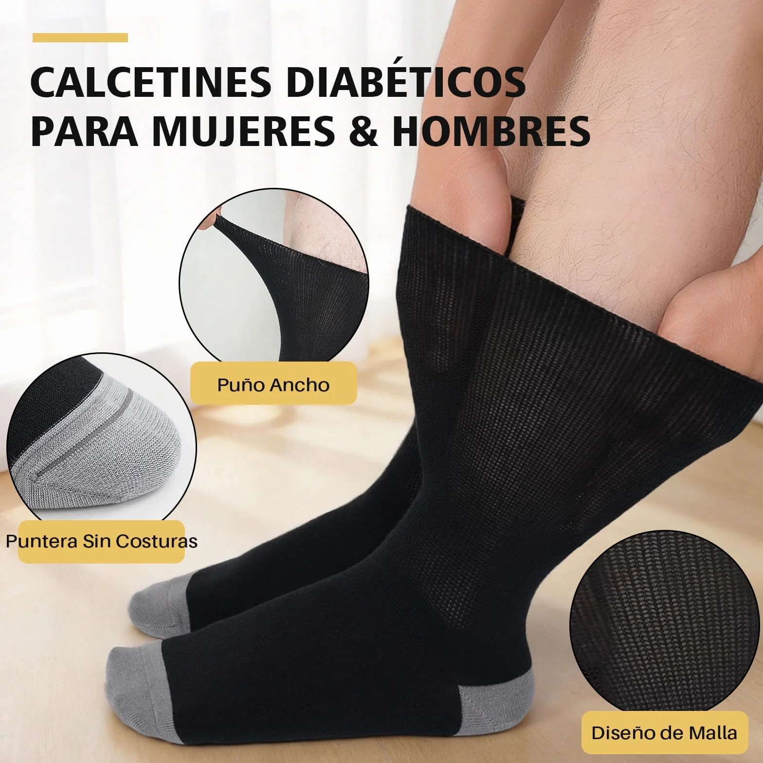 PUTUO Calcetines Diabeticos para Hombre Mujer: Calcetín sin Elastico y sin Costuras de Algodón para Hombres - Calcetines Extra Anchos para Pies Hinchados 6 pares