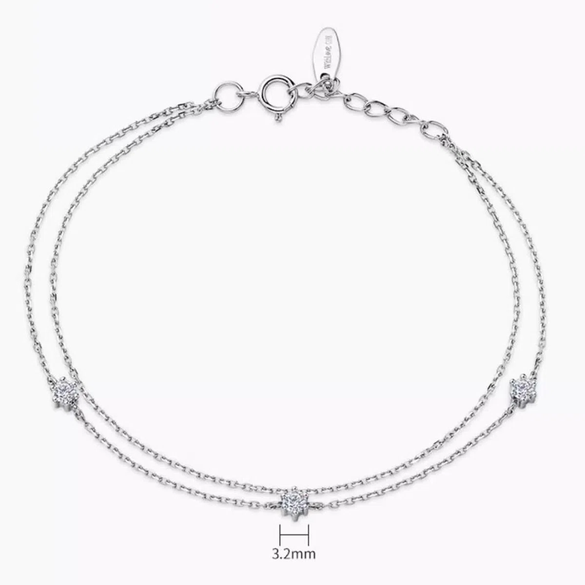 Pulsera de cadena para mujer, pulsera de cadena con diamantes blancos de 0,15 quilates, doble capa, joyería redonda de oro blanco