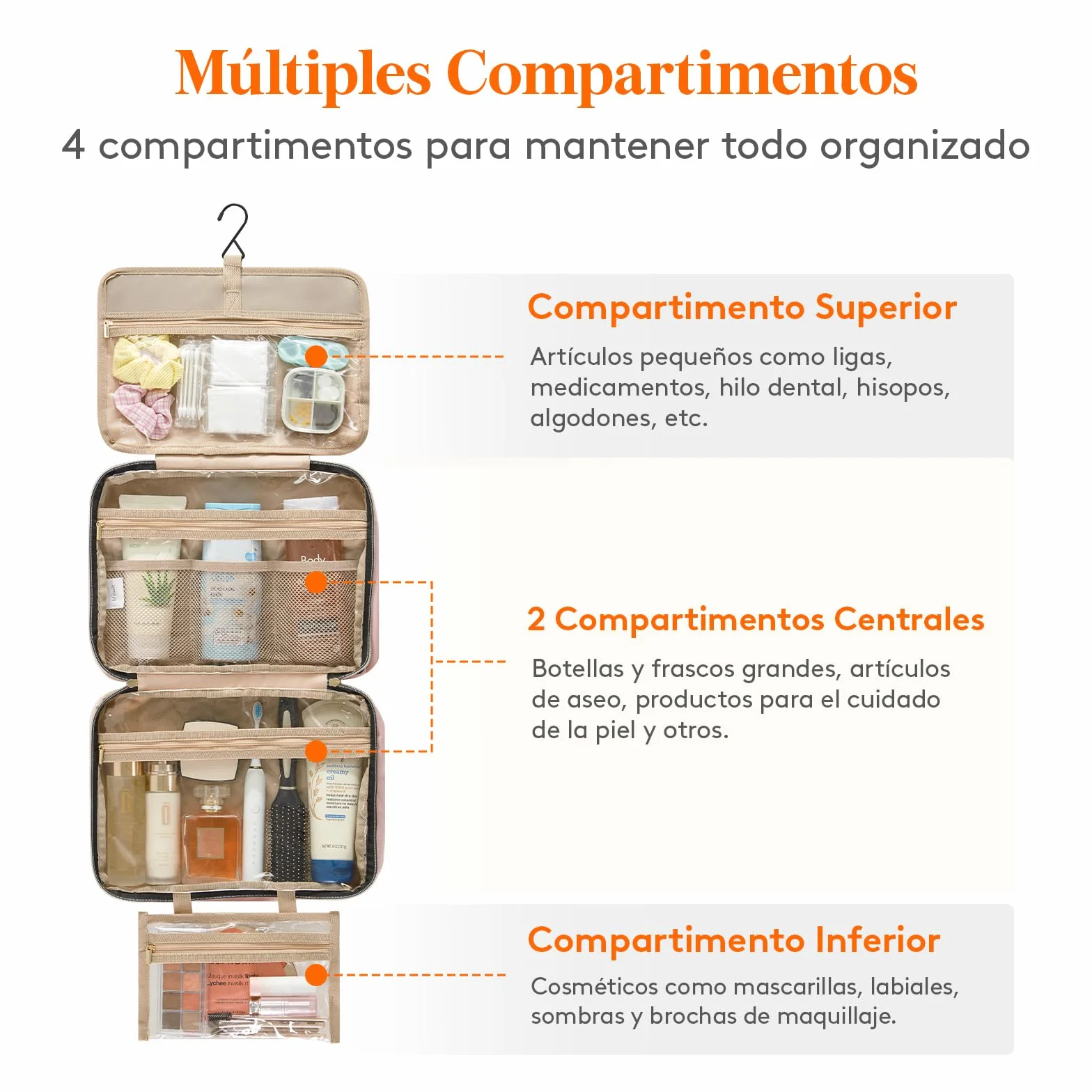 Lifewit Neceser Mujer Viaje, Bolsa de Maquillaje Organizador para Colgar, Grande Bolsas de Aseo con 4 Compartimentos Transparentes, Makeup Bag con Gancho, Grande, Rosa