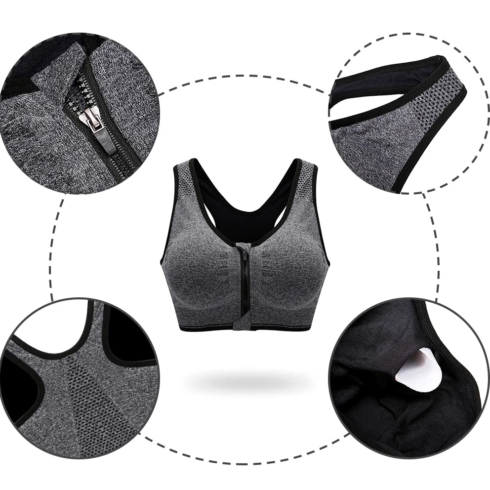 CARETOO Sujetador Deportivo para Mujer Cierre Delantero Sujetador Deportivo Post Operatorio para Yoga Fitness - con Cremallera Negro + Gris + Rojo, XL