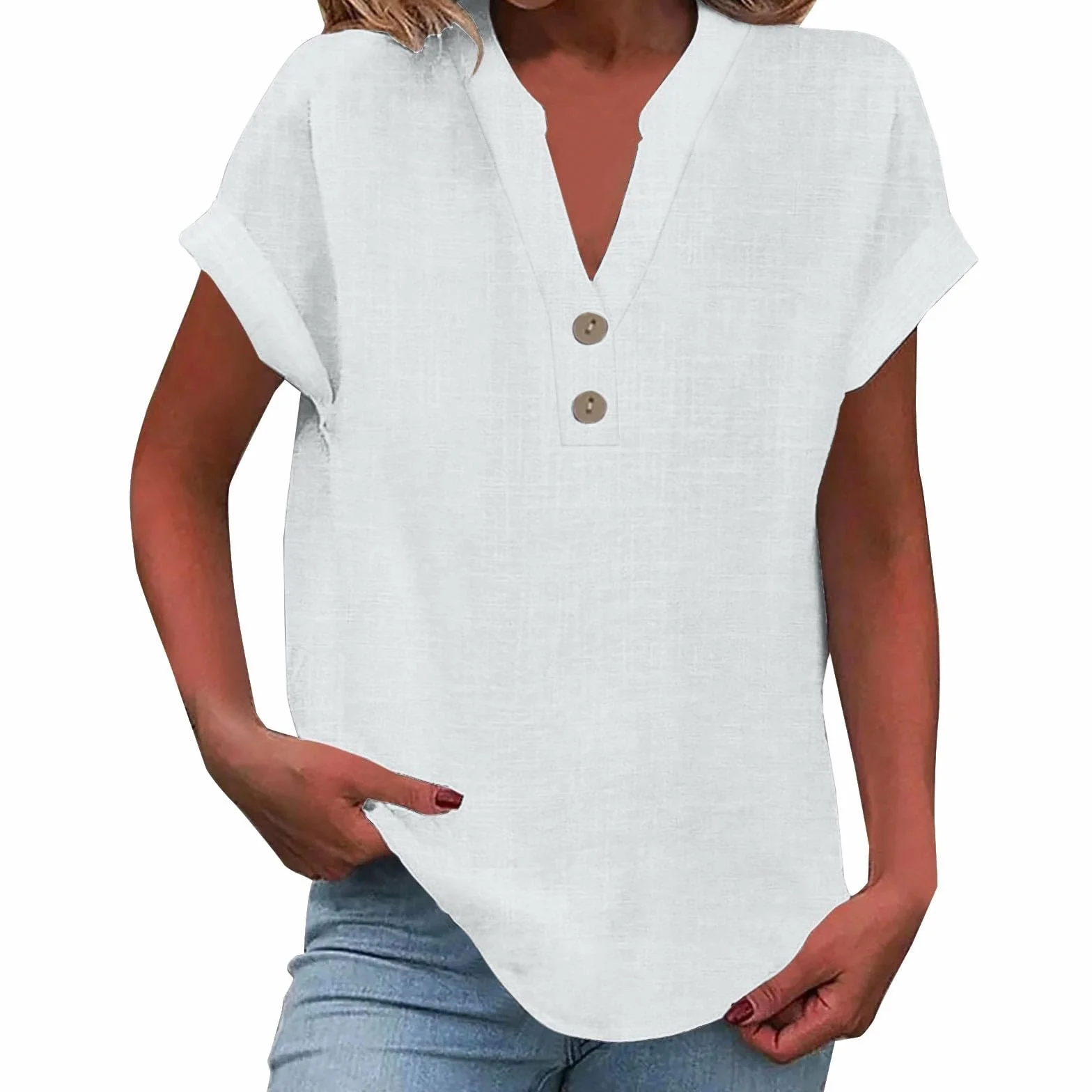 Camisa Mujer Verano Algodón Lino Botones Cuello V Blusa Elegante