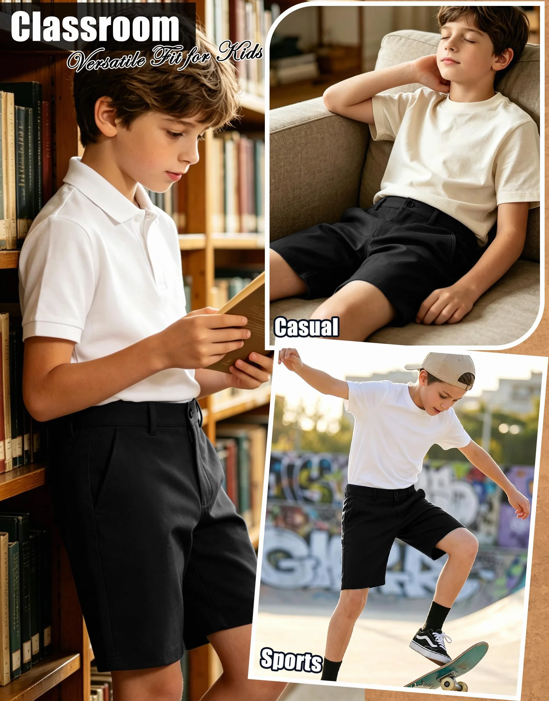 Pantalones Cortos Escolares Niños, Sin Plancha Shorts Uniforme con Cremallera Botón, Transpirable Cinturilla Elástica Pantalón Cortos Formales Deportes para Infantil Edad 7-13