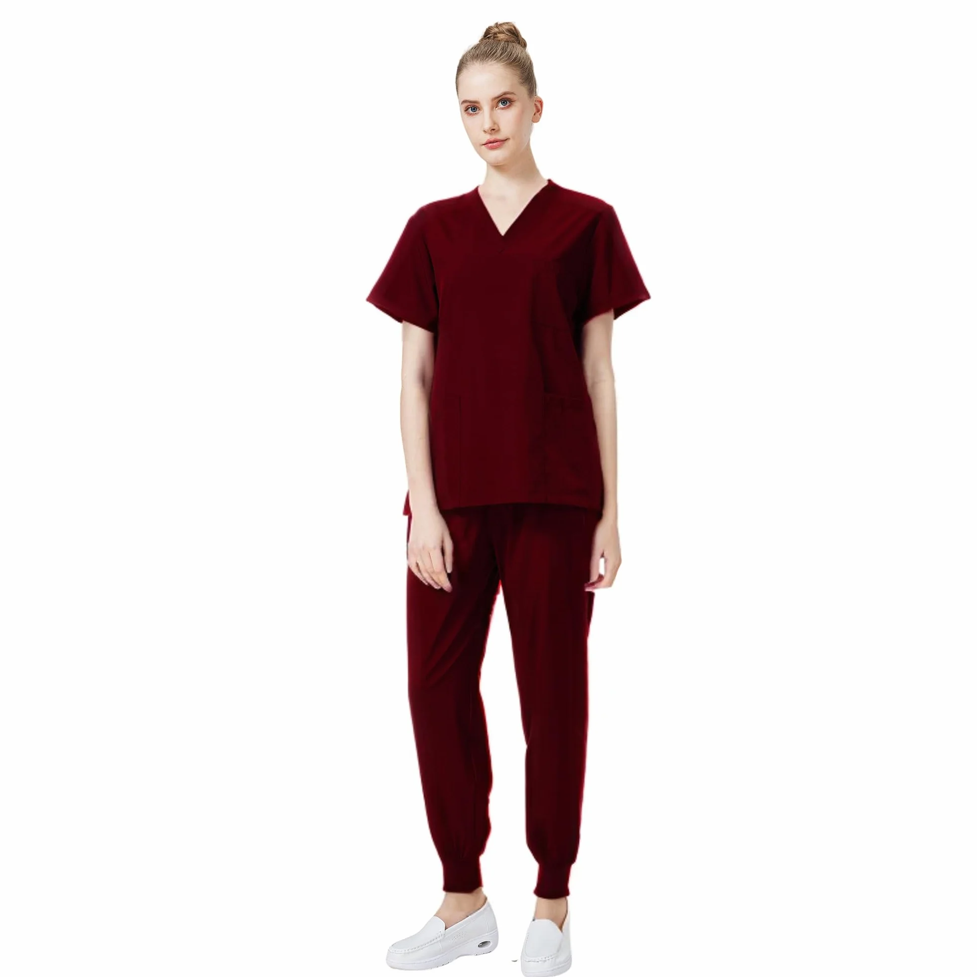 Conjunto Médico 2PCS Uniformes de Trabajo Médico Cuello en V Top de manga corta con 3 bolsillos Pantalones elásticos Secado rápido y absorbente del sudor DK05