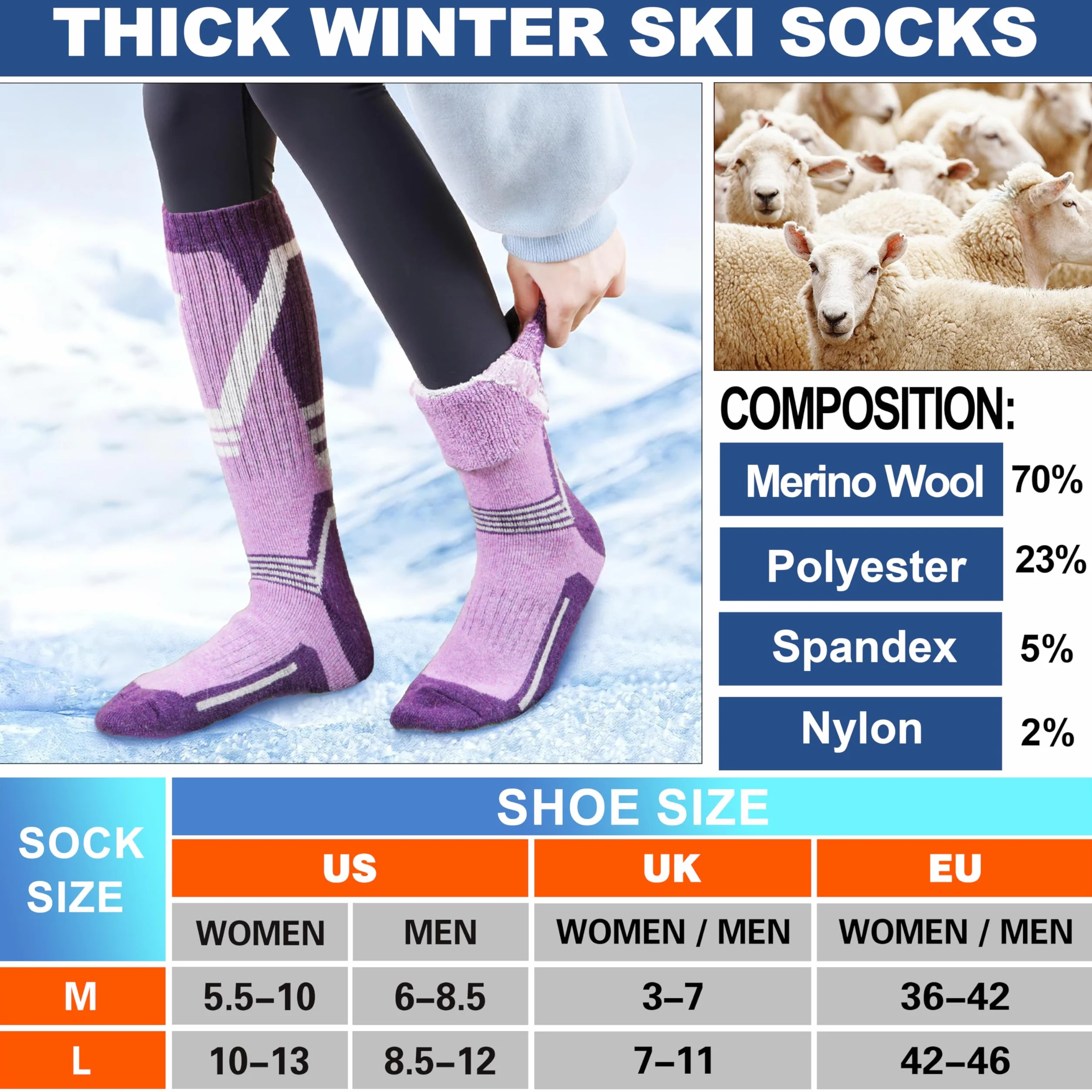 Sandsuced 3 pares Calcetines de esquí de lana merino de esquí de rodilla alta de invierno cálido térmico para mujeres hombres