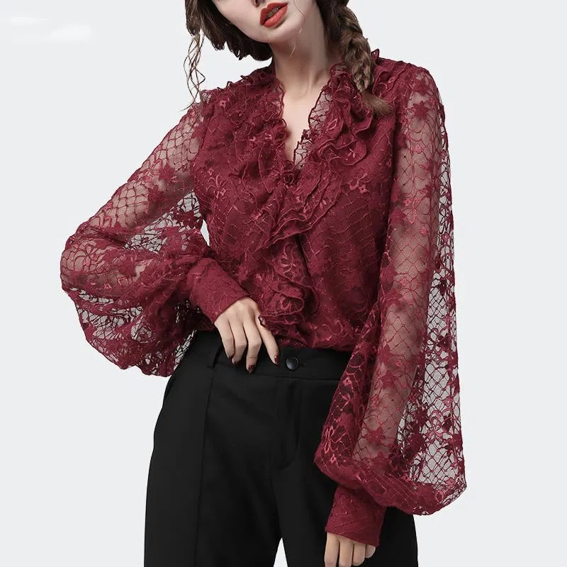 Blusas de Encaje caladas Sexis para Mujer, Blusas holgadas de Talla grande con Mangas abullonadas y Cuello en V, Blusas Informales de Verano para Mujer (Rojo L)