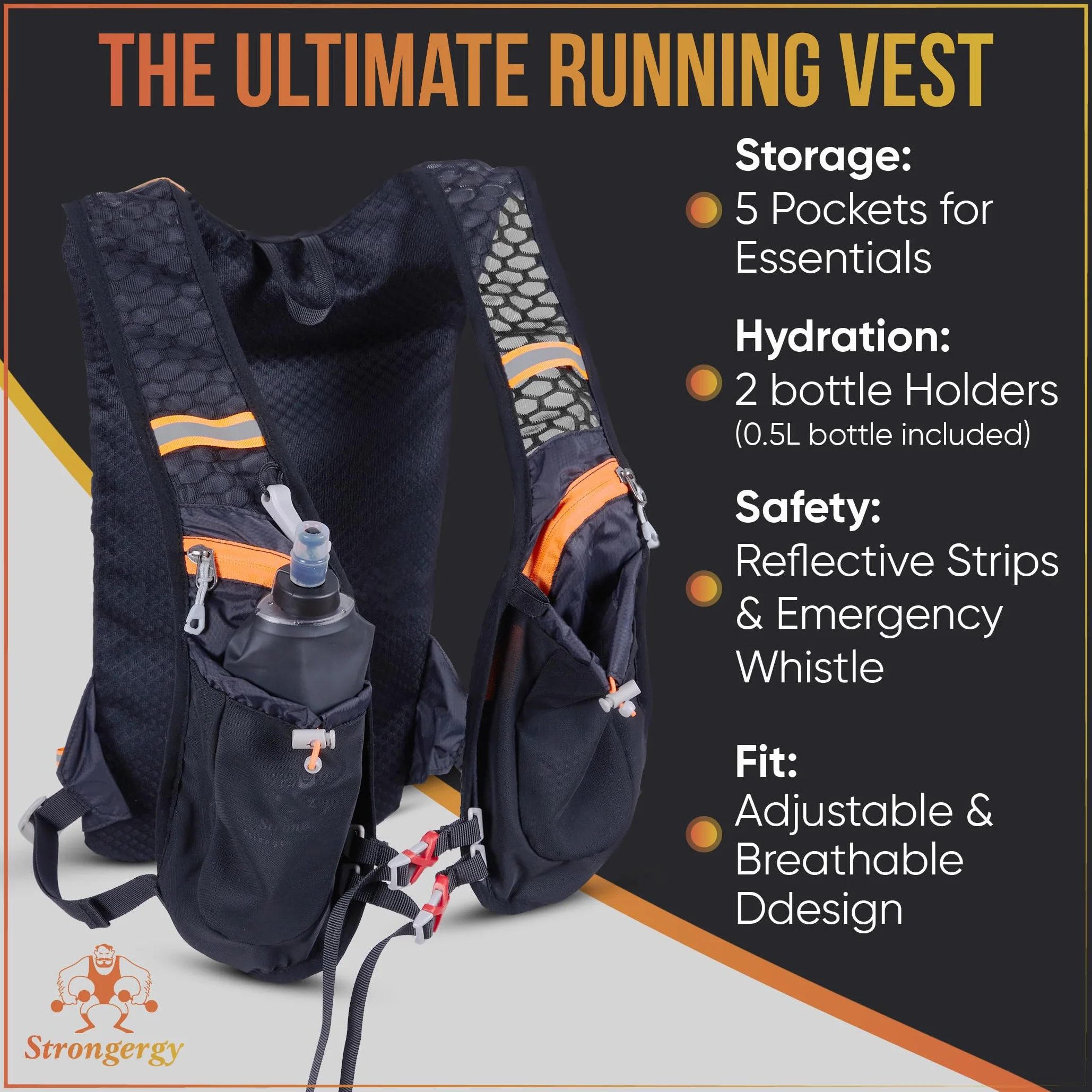 Chaleco Running Hombre y Mujer, Chaleco Hidratación Trail Running 40x22cm, Dos Bolsillos Exteriores, Dos Compartimentos, Botella de 0.5L y Silbato Incluido, Mochila Correr Hombre y Mujer