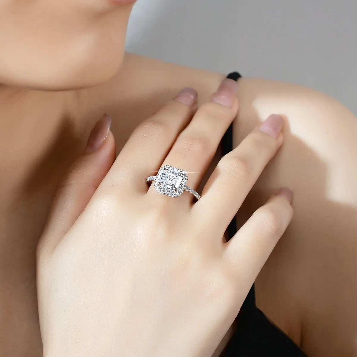 Anillo de oro para mujer, anillo de compromiso, oro blanco, halo con moissanite de 3 quilates, anillo de boda de oro auténtico para mujer