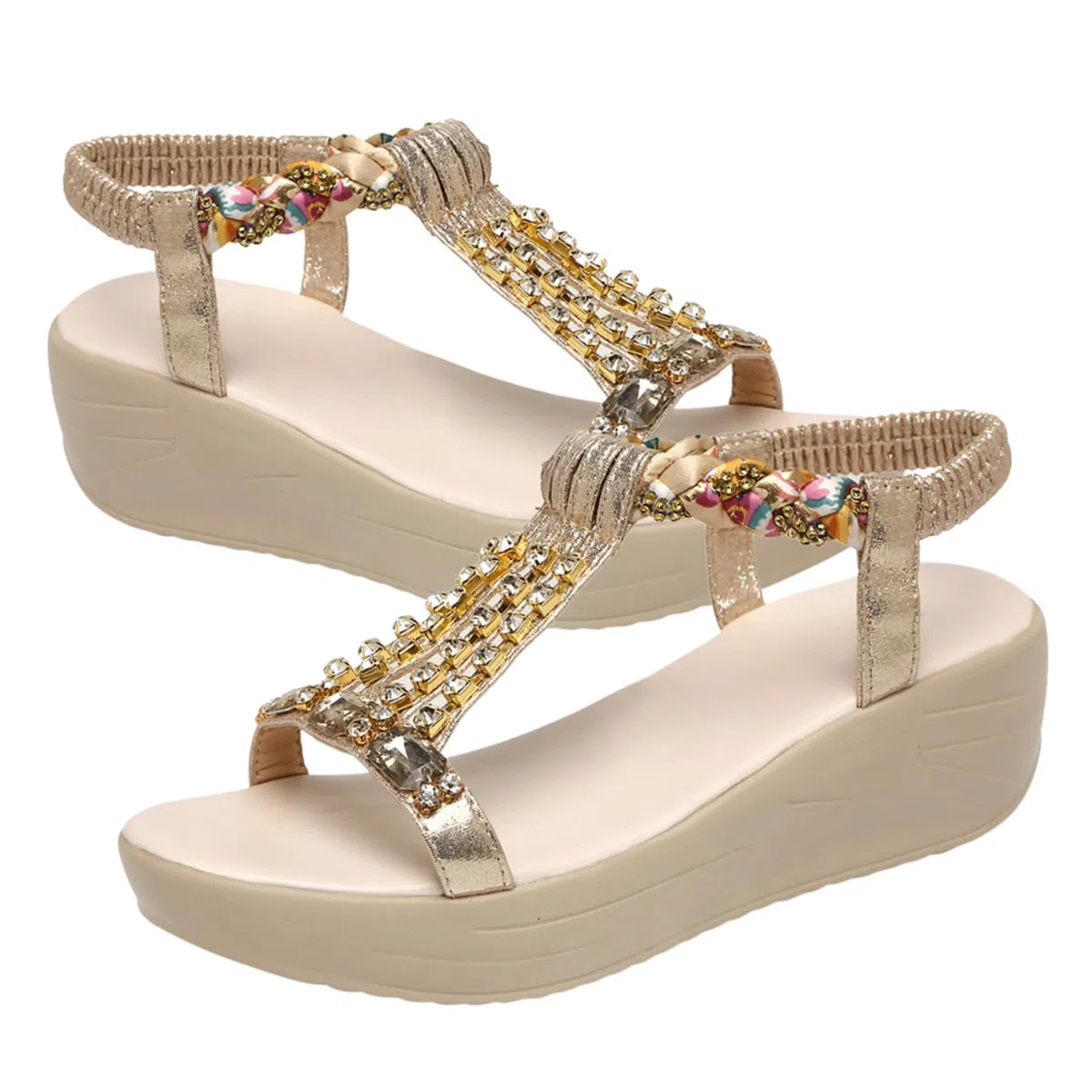 Ipetboom Sandalias de con Tiras de Pedrería para Mujer Tacón Cómodas para Verano y Playa Diseño Slip Color Dorado