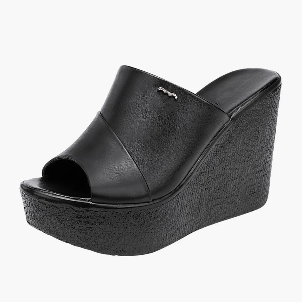 Sandalias de Cuña con Plataforma para Mujer, Negro, Cuero, Peep Toe, Tacón Alto 11cm, Mule Estilo Casual