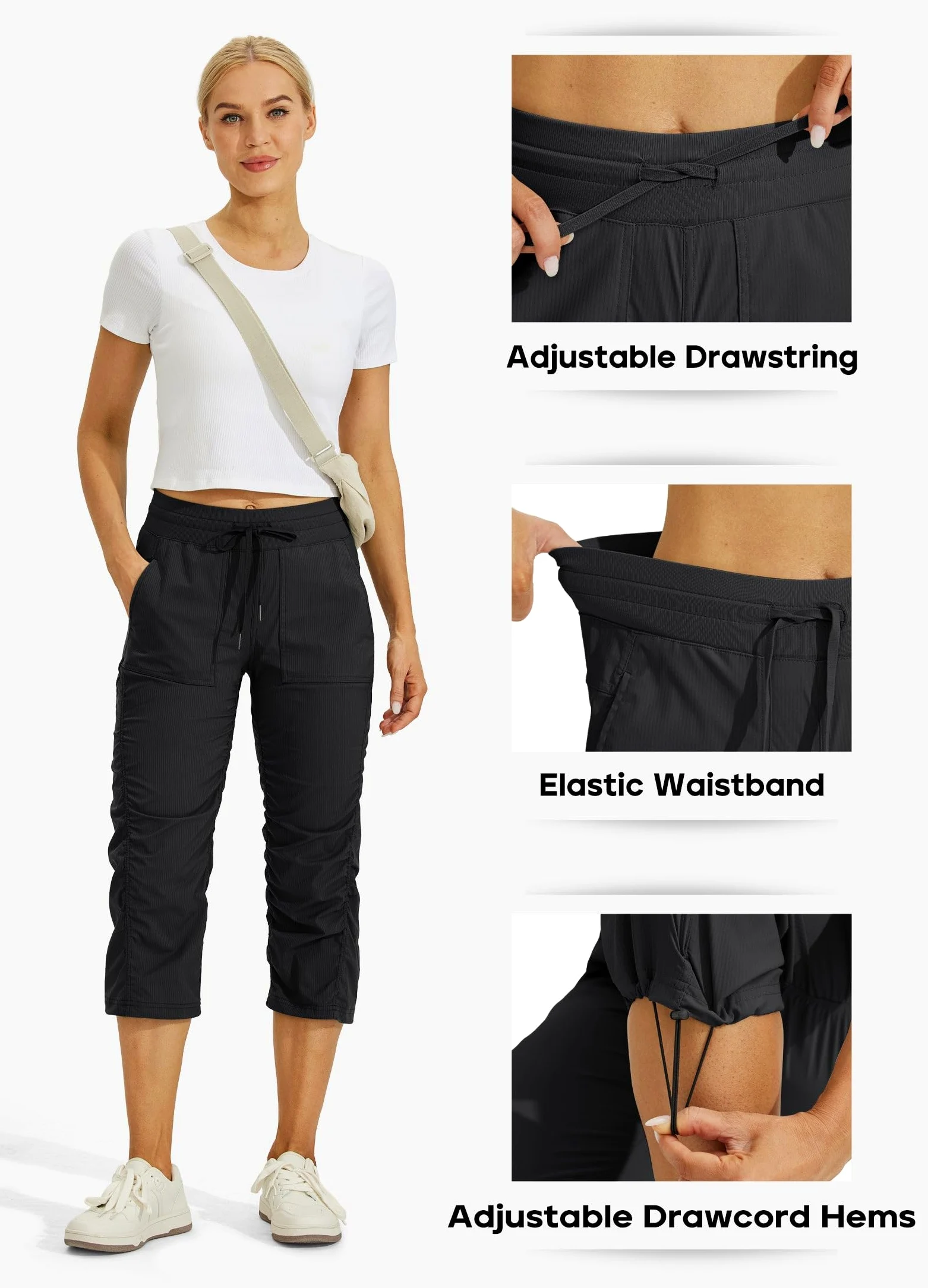 Willit Pantalones de viaje capris de secado rápido para mujer, ligeros, tejidos a rayas, para senderismo, entrenamiento, pantalones casuales con bolsillos