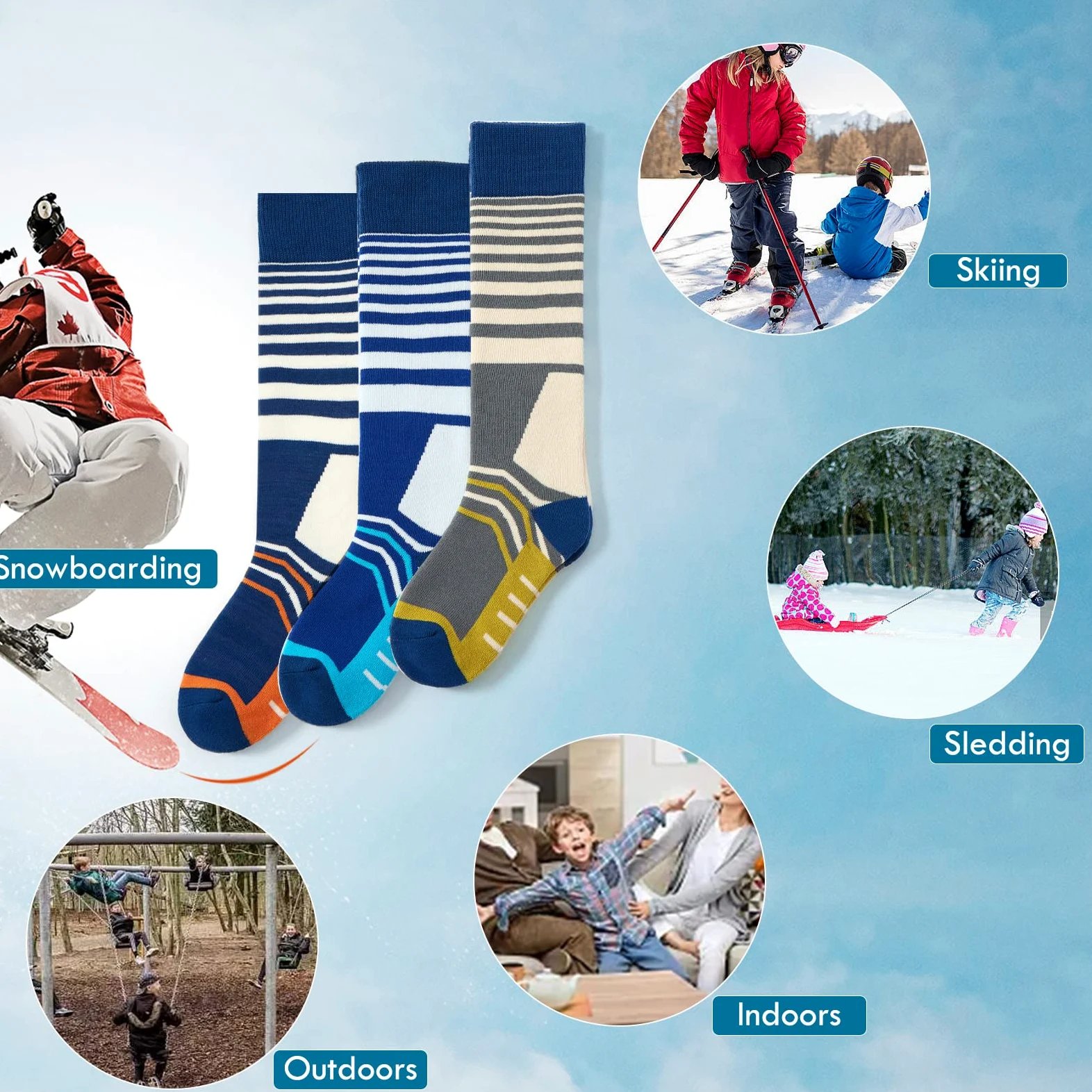 Calcetines de esquí para niños, calcetines cálidos de invierno para niños y niñas, calcetines térmicos gruesos para patinaje, snowboard, nieve, paquete de 3