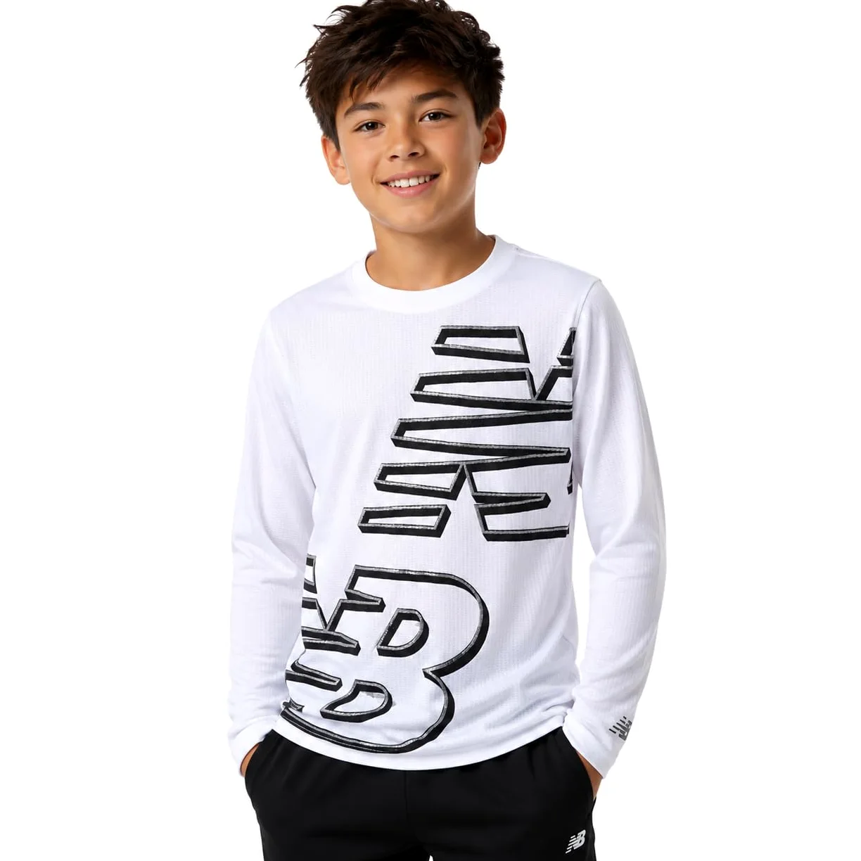 New Balance Boys' T-Shirt - Thermal Waffle Knit Long Sleeve Shirt (Size: 4-20), Size 10/12, White