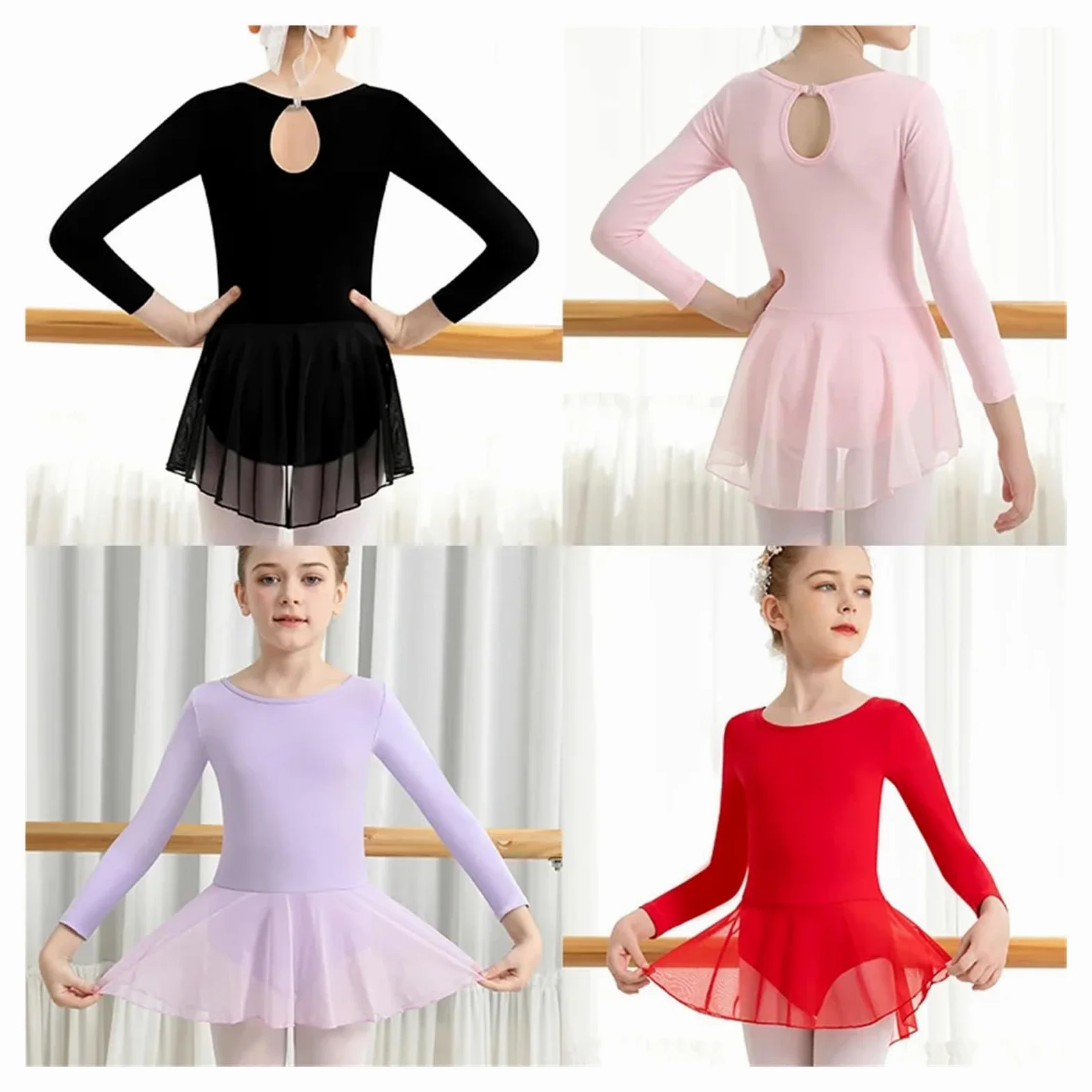 Vestido de Patinaje Artístico Maillot de ballet for niñas, vestido con falda, botón plegable, espalda hueca con gotas de agua y falda de malla.