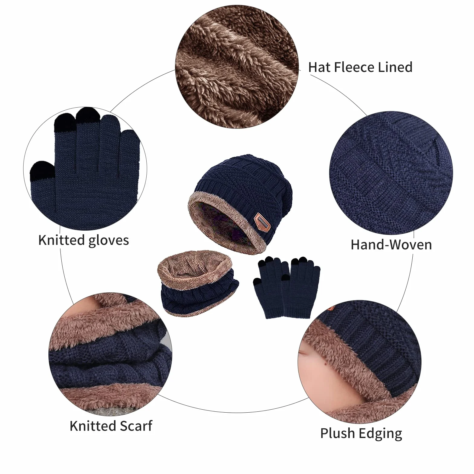 Conjunto de Gorro, Bufanda y Guantes 3PCs para Niños, Gorro de Punto con Forro Polar, Guantes Táctiles de Invierno