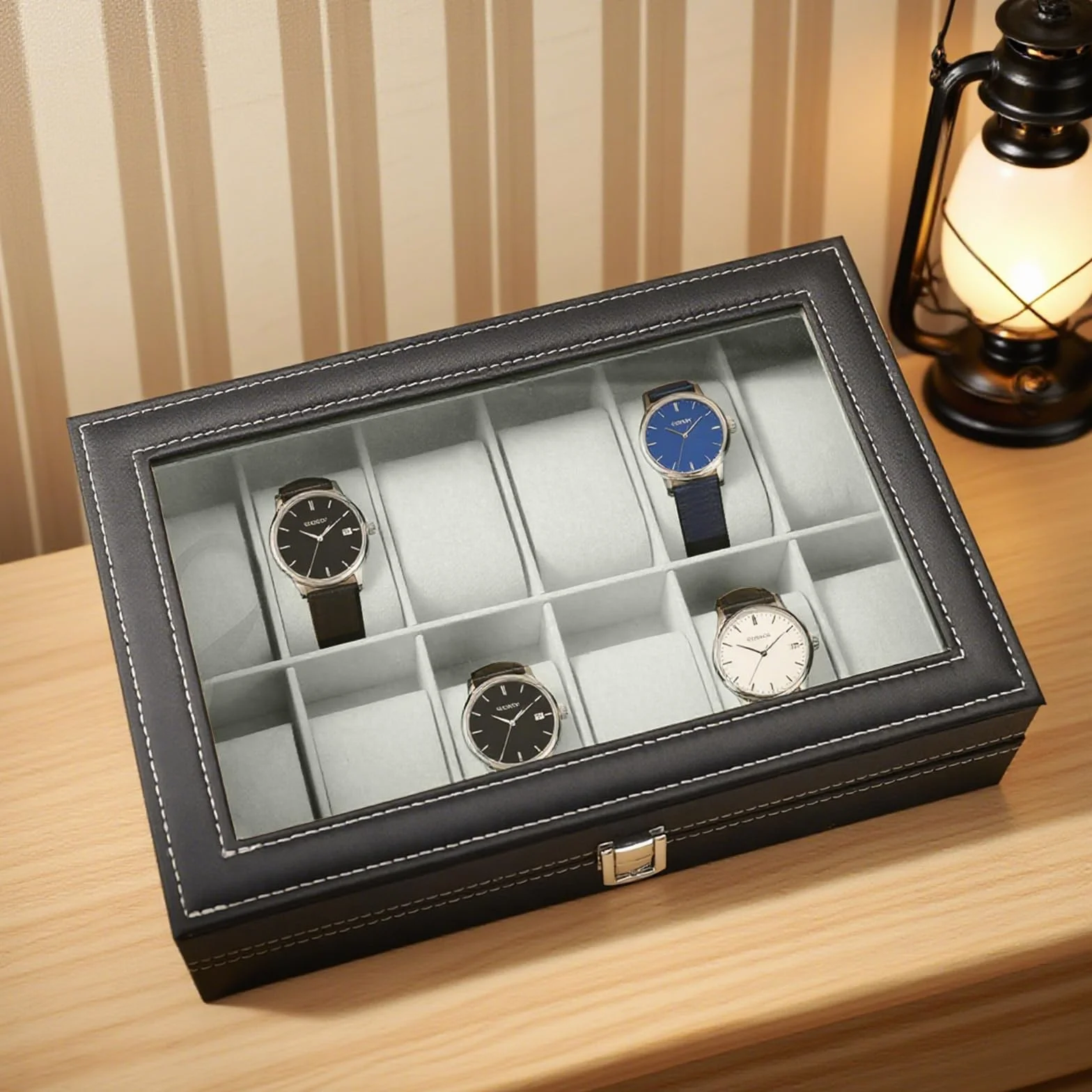 Caja de Relojes 12 Compartimentos Estuche de Relojes de PU con Cubierta de Cristal acrílico y almohadillas extraíbles unisex para regalo o almacenamiento personal