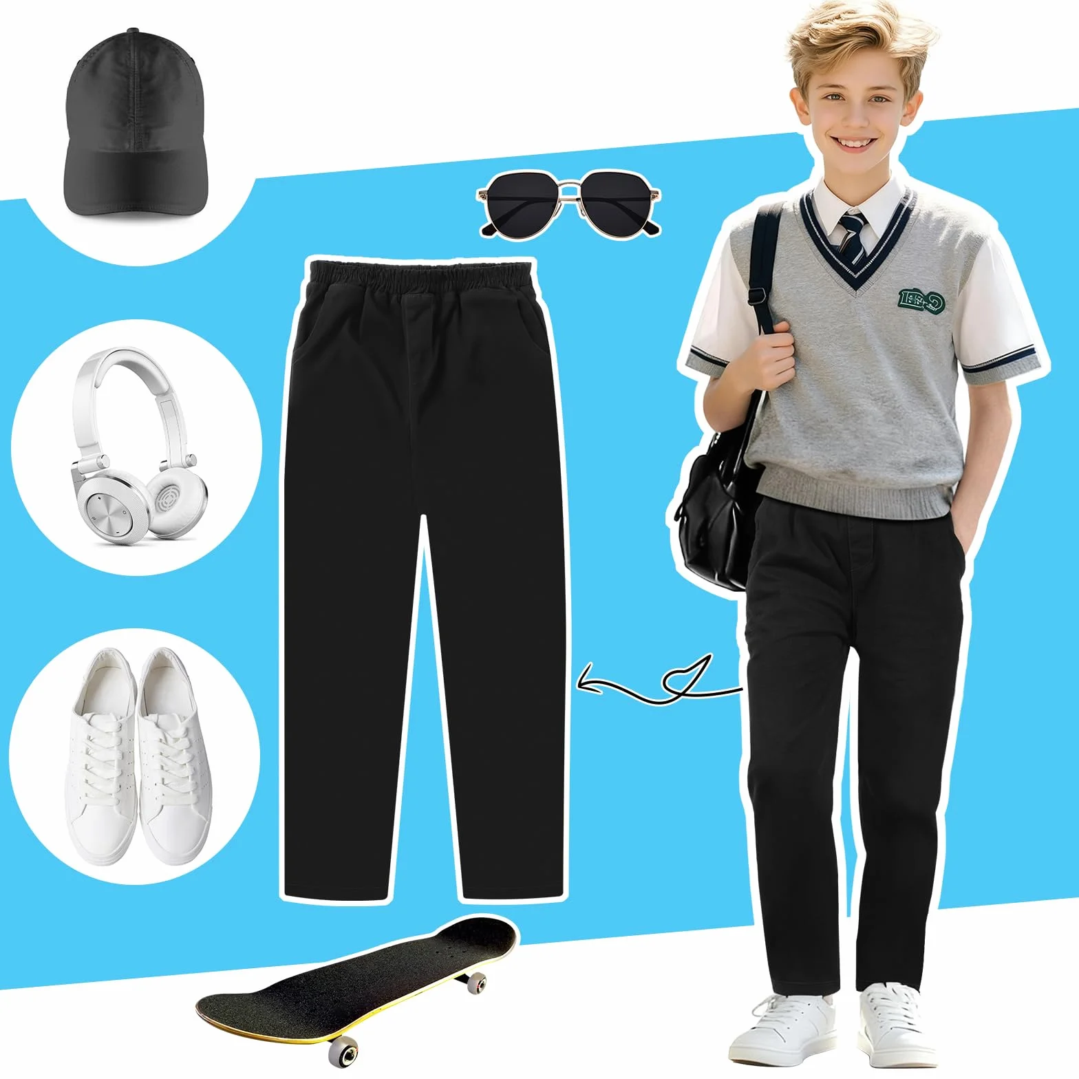 Pantalones Escolares, Pantalones Escolares Ajustados para niños, Cintura elástica, Dos Bolsillos Laterales, Negro, para Uso Diario Pantalone