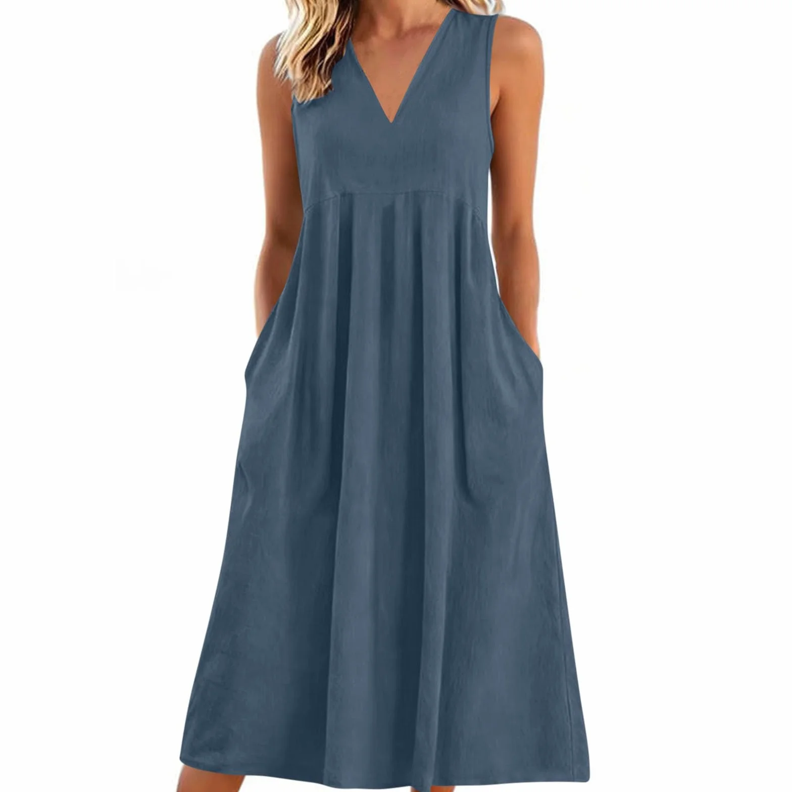Vestido Mujer Verano Cuello V Algodón Lino Casual Suelto Color Sólido Largo Cintura Alta Bolsillos Cómodo Transpirable Maxi