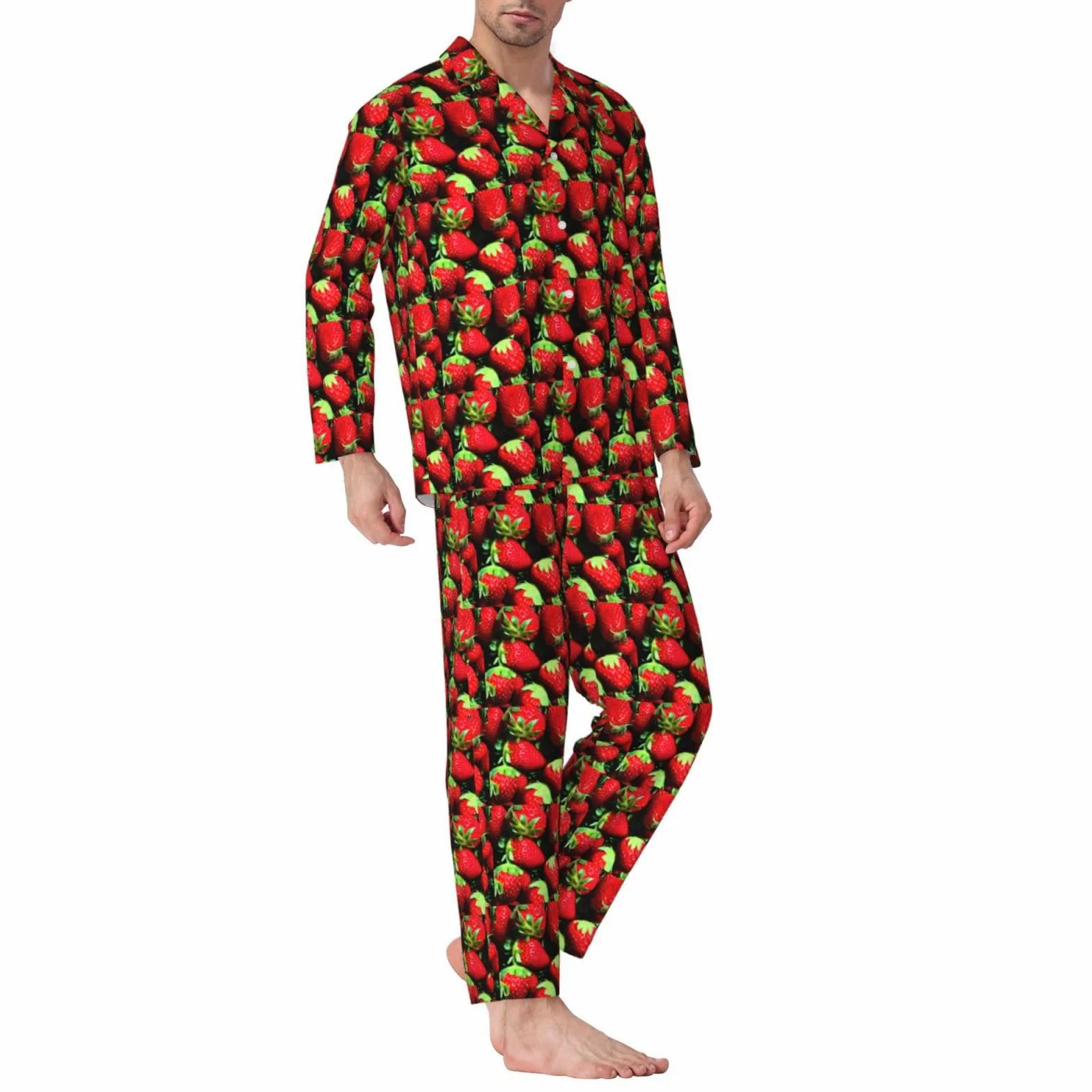 Conjunto de pijama de manga larga para hombre con estampado de fresas, transpirable, acogedor, ropa de dormir para el hogar