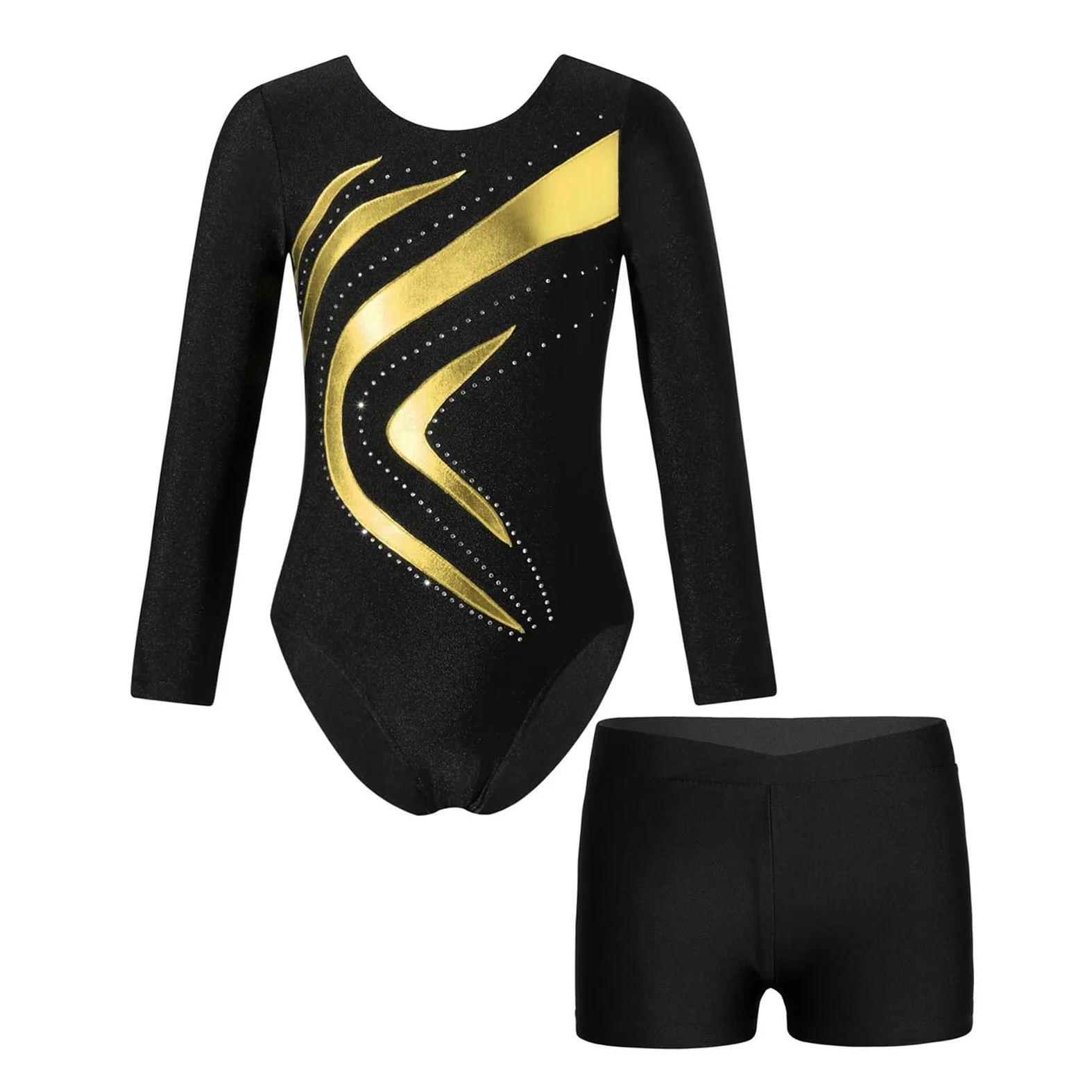 Maillot Gimnasia Ritmica Body de Leotardo de Gimnasia de retales for niños, Conjuntos de Ropa de Baile de Manga Larga, Traje de Ballet for niñas, Mono de Patinaje artístico(Gold,12)