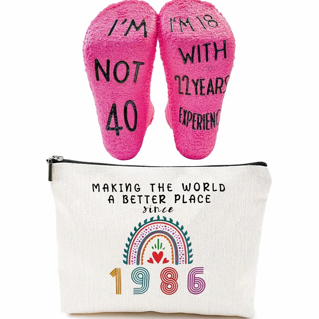 2 Pcs Regalo de Cumpleaños Ideal para Mujeres, Neceser 40 Cumpleaños, Cumpleaños para Esposa, Incluye Bolsa de Maquillaje y Calcetines de Cumpleaños para Mujeres (1986-40 años)
